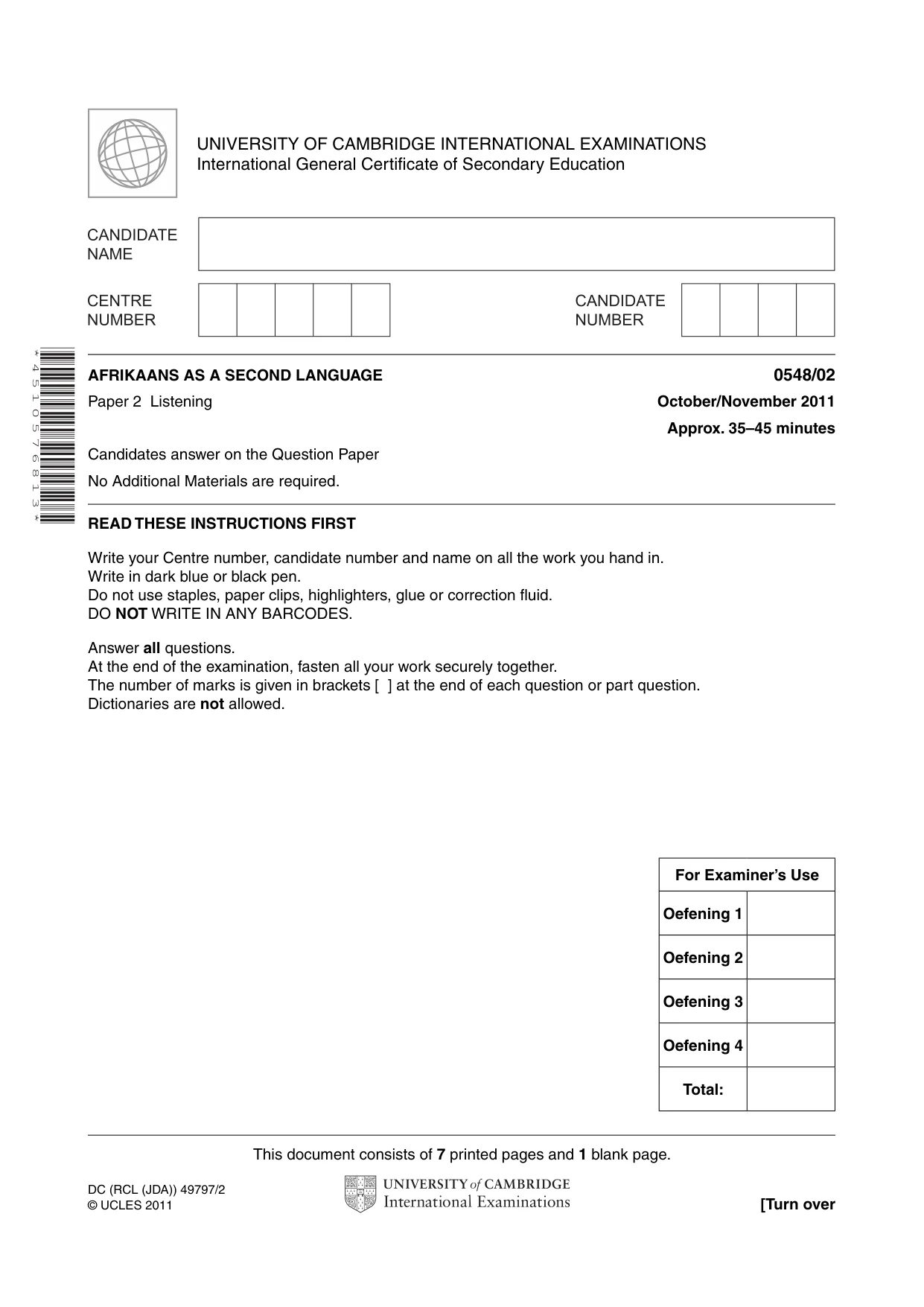 Cambridge IGCSE Afrikaans - Second Language 0548 2011 Oct/Nov Paper 2 · Variant 1 question paper, page 1 of 8