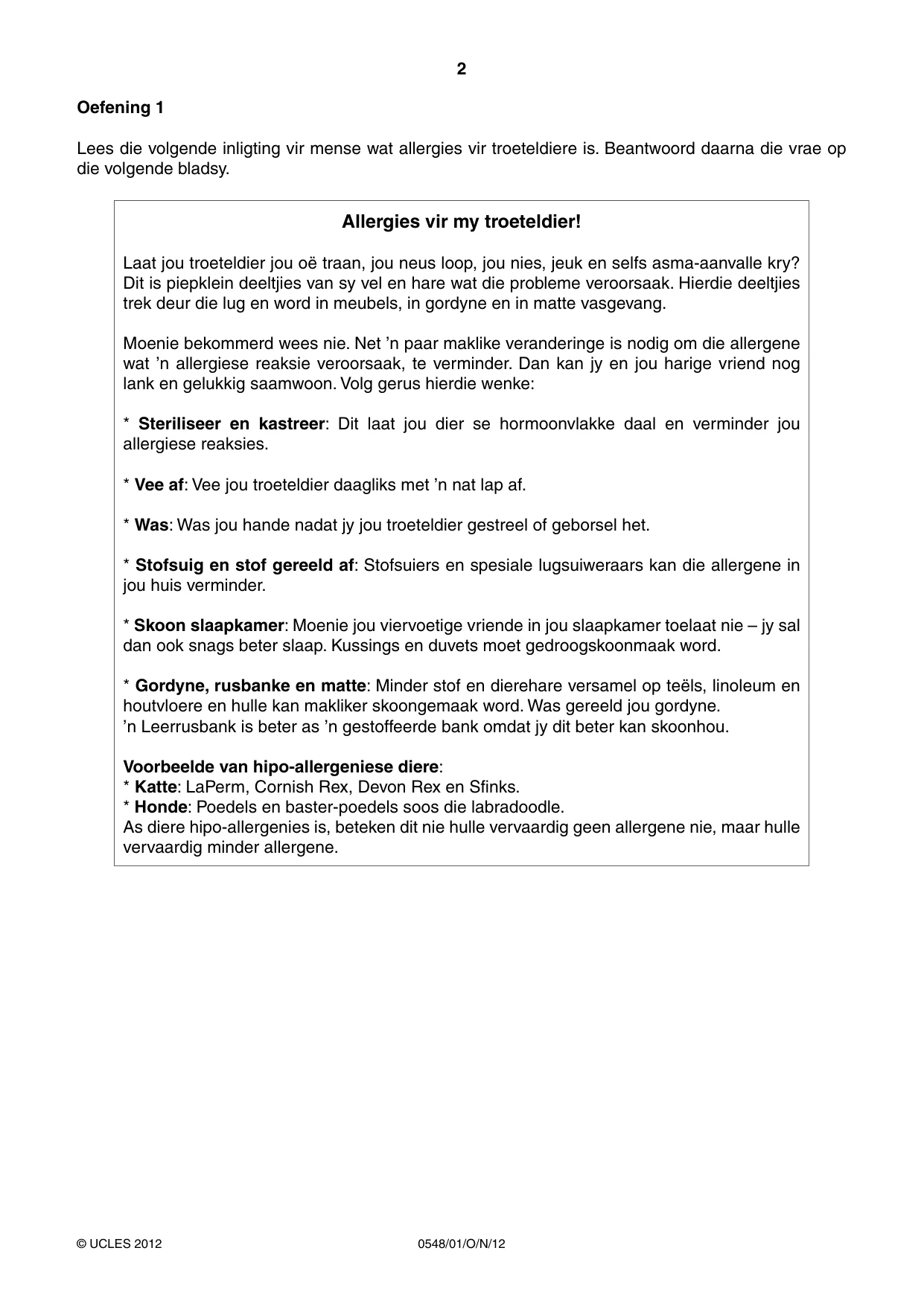 Cambridge IGCSE Afrikaans - Second Language 0548 2012 Oct/Nov Paper 1 · Variant 1 question paper, page 2 of 16