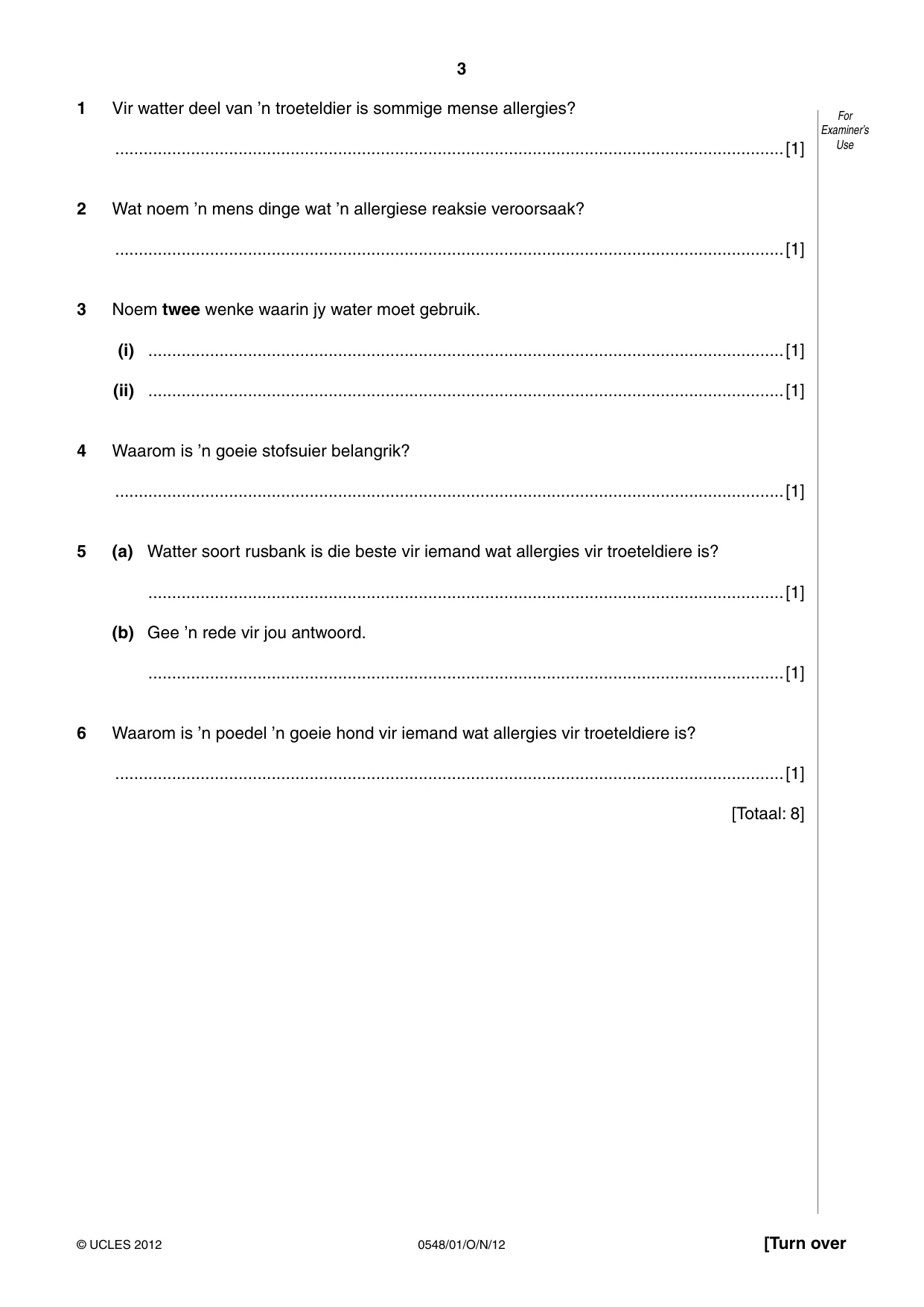Cambridge IGCSE Afrikaans - Second Language 0548 2012 Oct/Nov Paper 1 · Variant 1 question paper, page 3 of 16