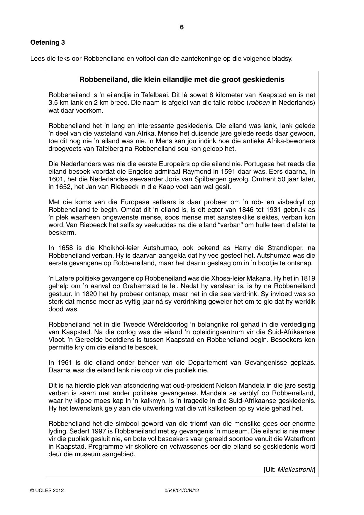 Cambridge IGCSE Afrikaans - Second Language 0548 2012 Oct/Nov Paper 1 · Variant 1 question paper, page 6 of 16