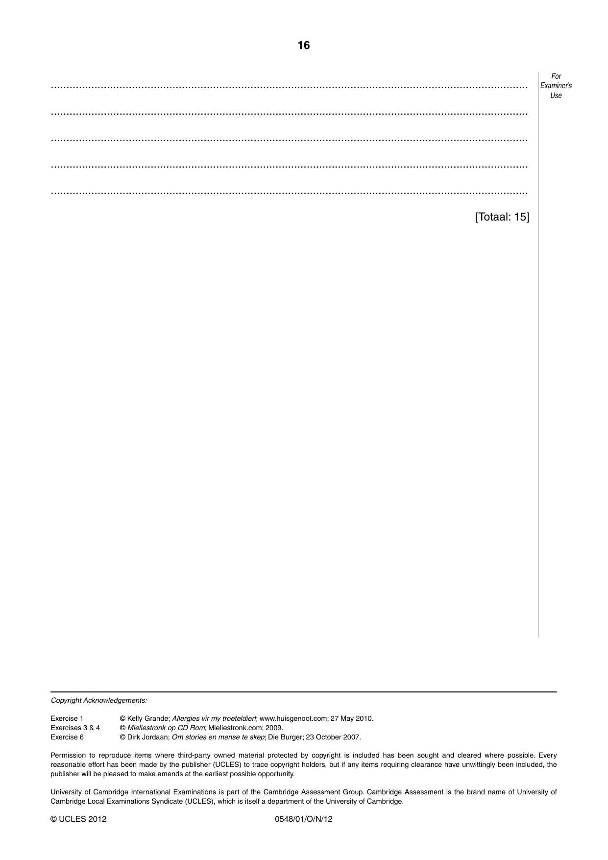 Cambridge IGCSE Afrikaans - Second Language 0548 2012 Oct/Nov Paper 1 · Variant 1 question paper, page 16 of 16