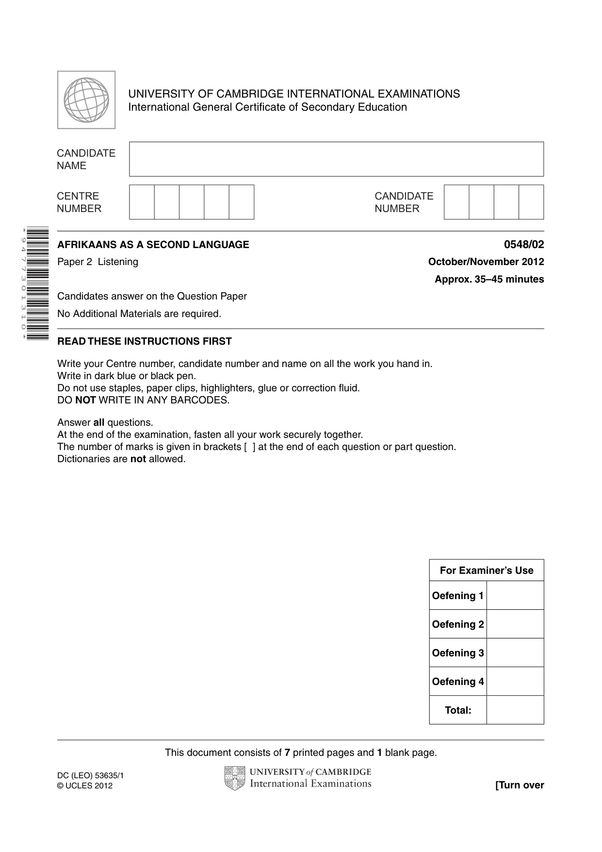 Cambridge IGCSE Afrikaans - Second Language 0548 2012 Oct/Nov Paper 2 · Variant 1 question paper, page 1 of 8
