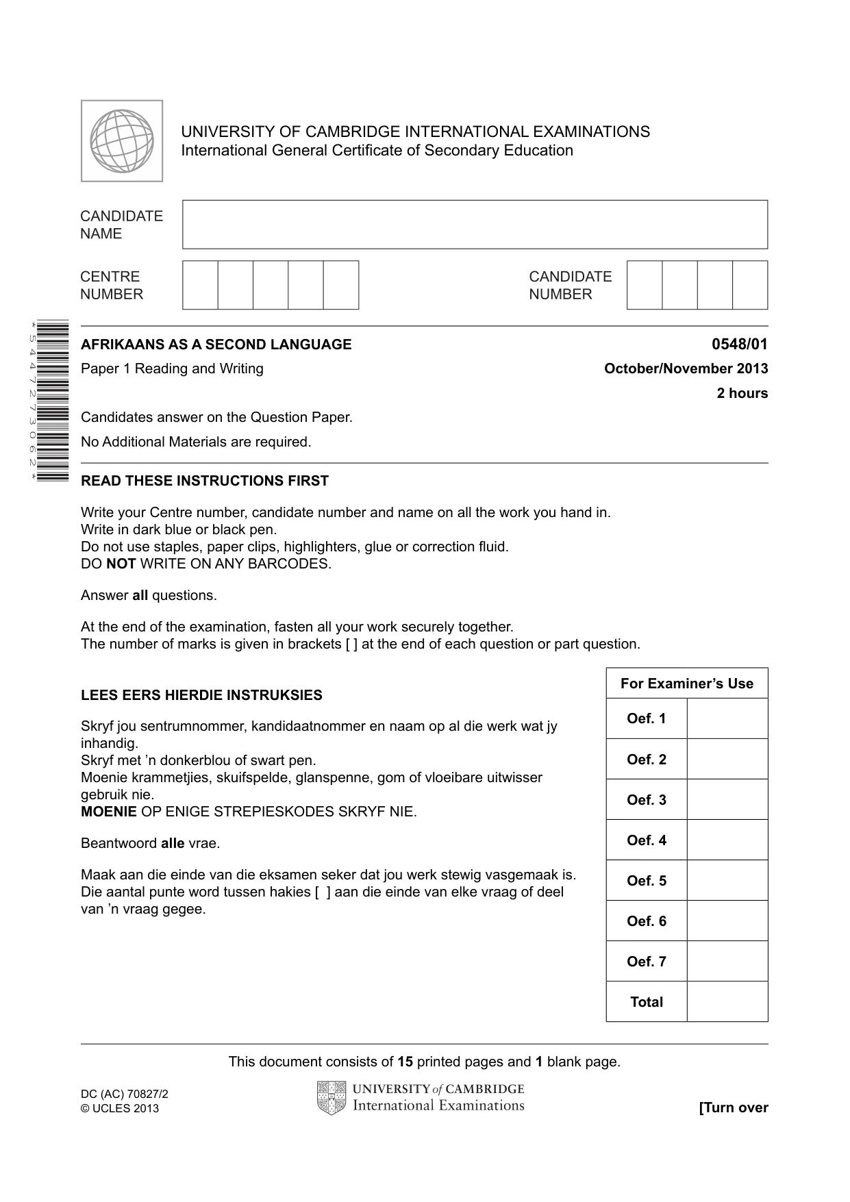 Cambridge IGCSE Afrikaans - Second Language 0548 2013 Oct/Nov Paper 1 · Variant 1 question paper, page 1 of 16