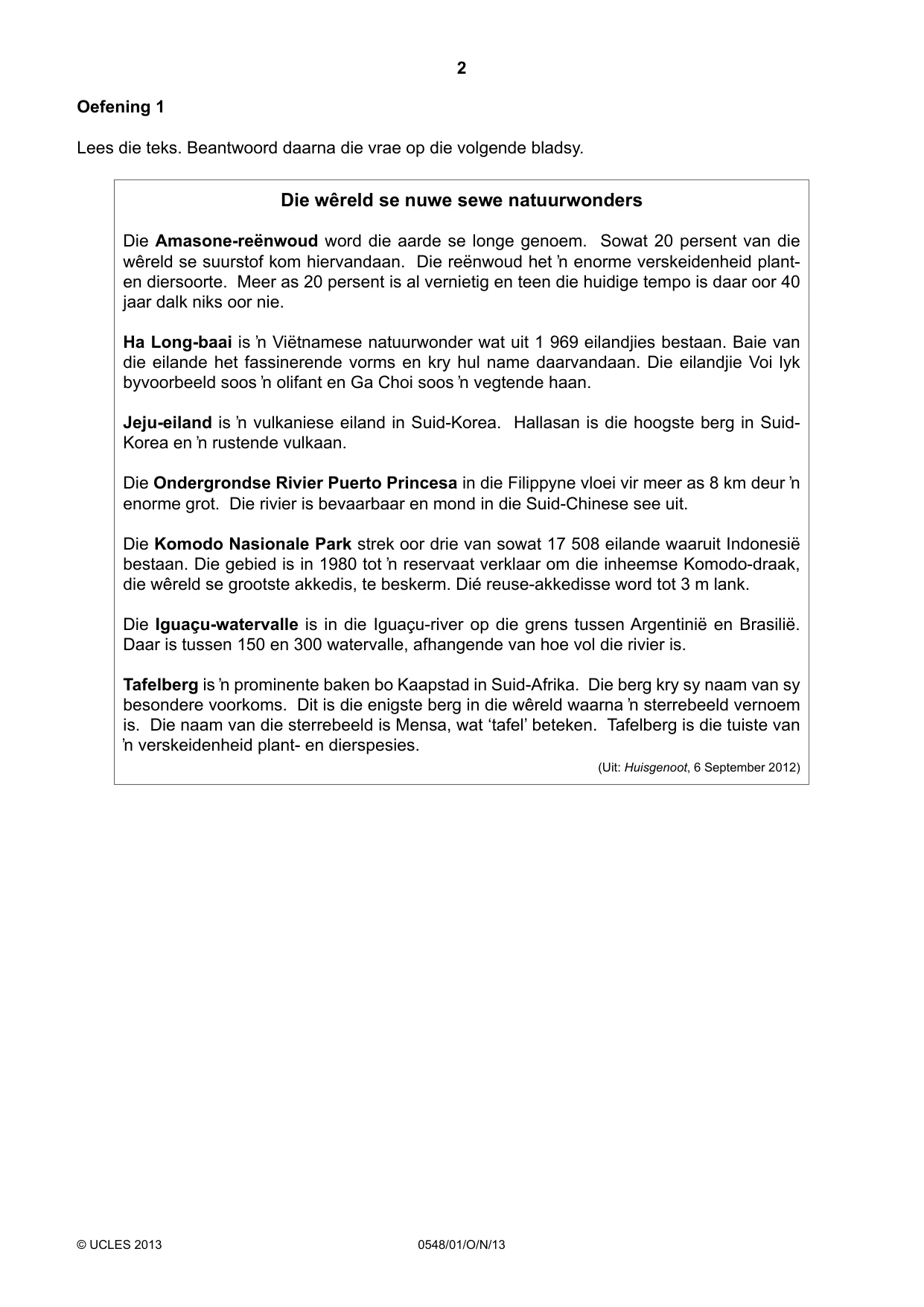 Cambridge IGCSE Afrikaans - Second Language 0548 2013 Oct/Nov Paper 1 · Variant 1 question paper, page 2 of 16