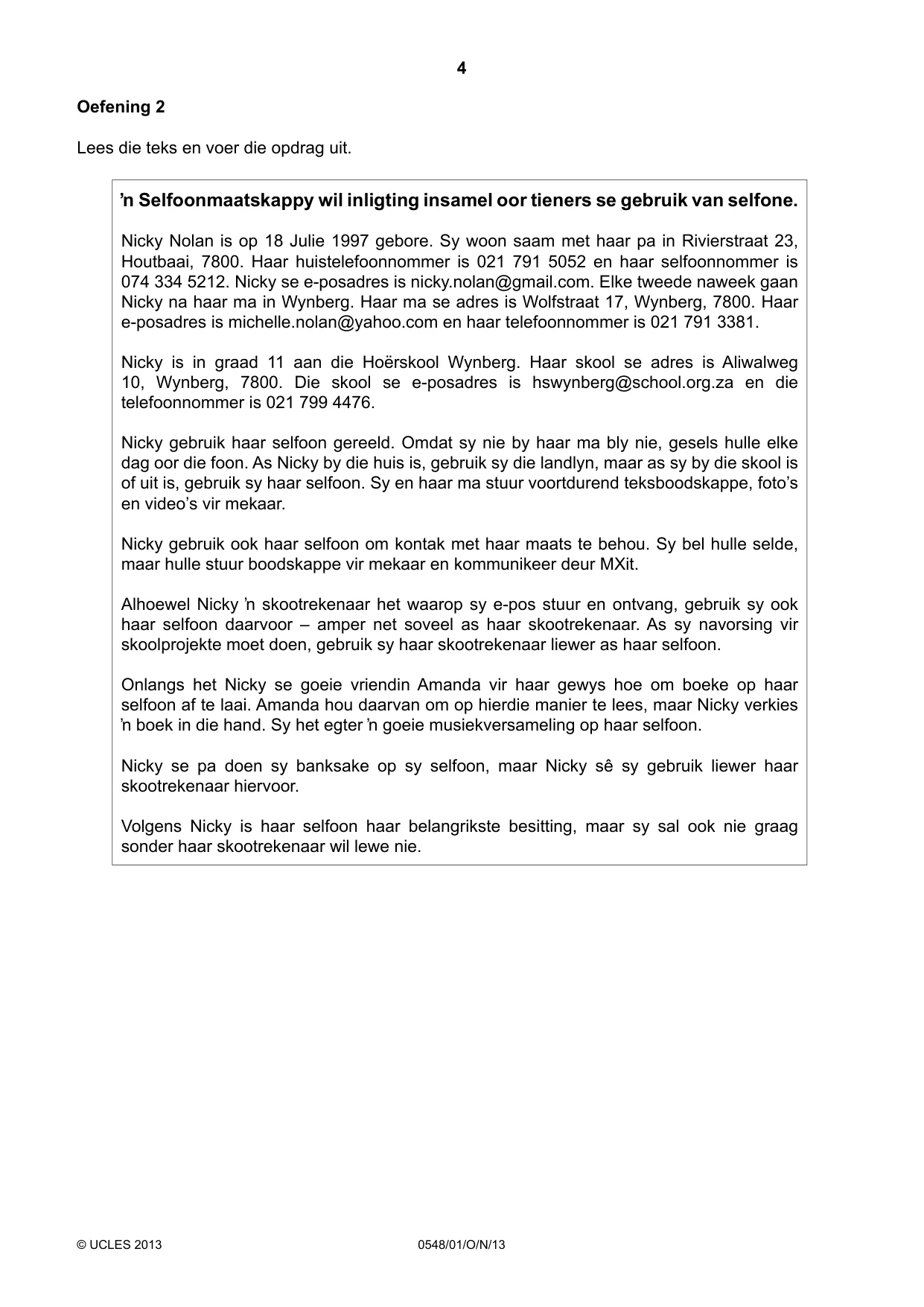 Cambridge IGCSE Afrikaans - Second Language 0548 2013 Oct/Nov Paper 1 · Variant 1 question paper, page 4 of 16