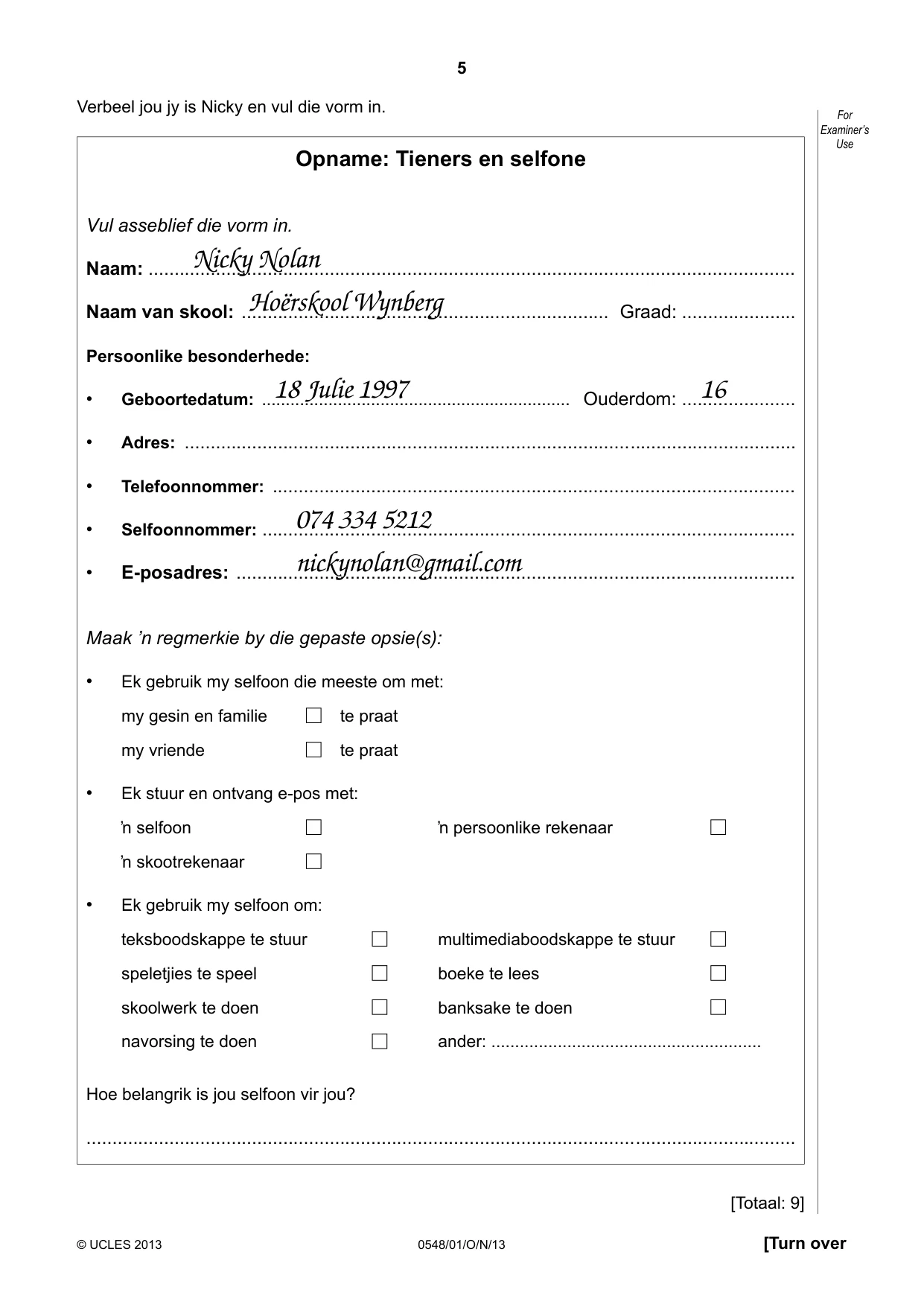 Cambridge IGCSE Afrikaans - Second Language 0548 2013 Oct/Nov Paper 1 · Variant 1 question paper, page 5 of 16