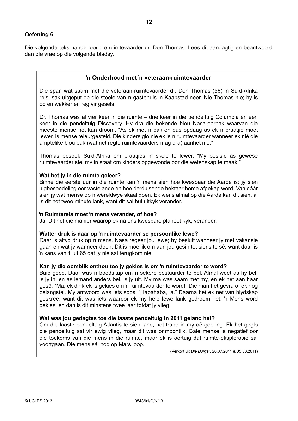 Cambridge IGCSE Afrikaans - Second Language 0548 2013 Oct/Nov Paper 1 · Variant 1 question paper, page 12 of 16