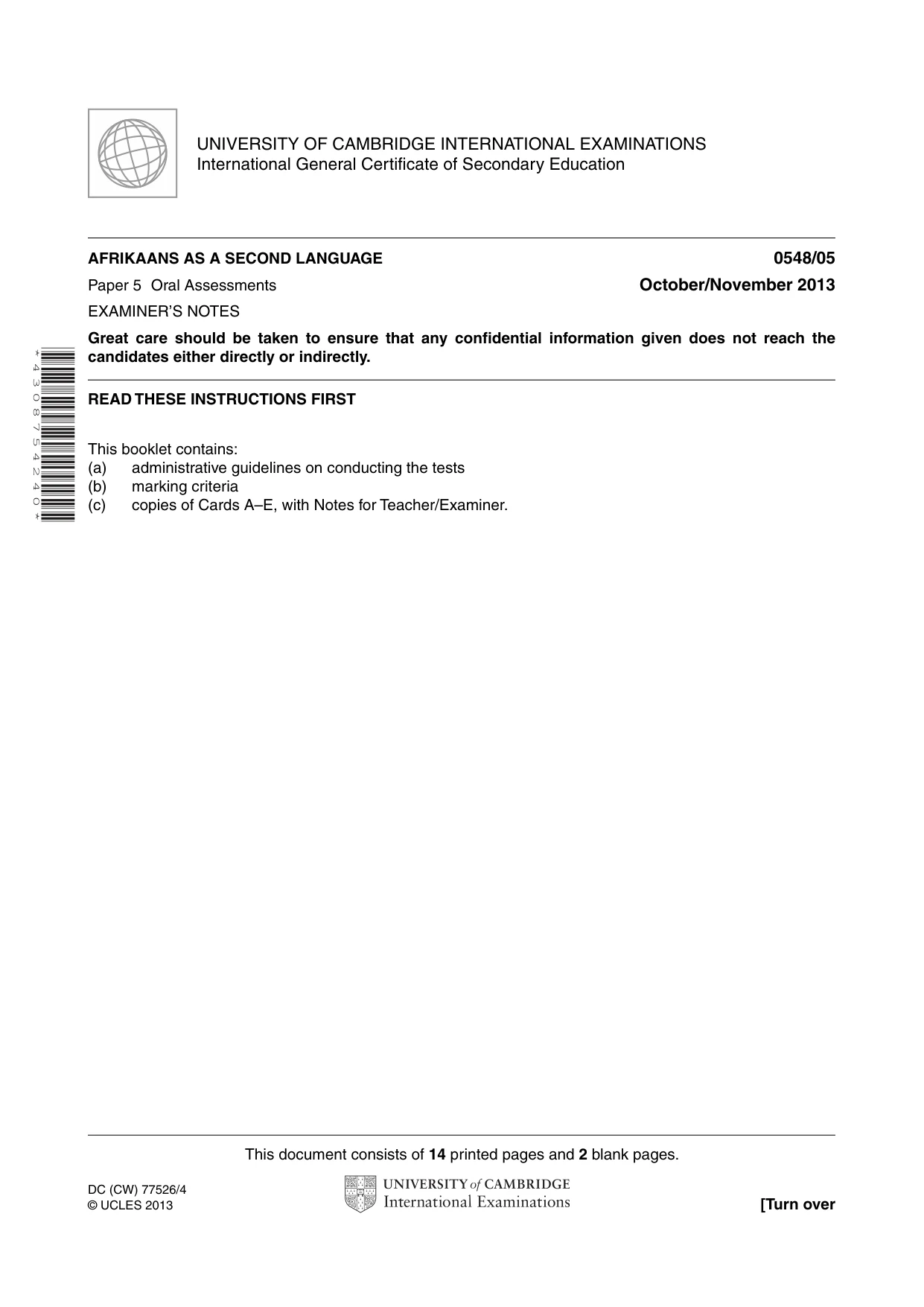 Cambridge IGCSE Afrikaans - Second Language 0548 2013 Oct/Nov Paper 5 · Variant 1 question paper, page 1 of 16