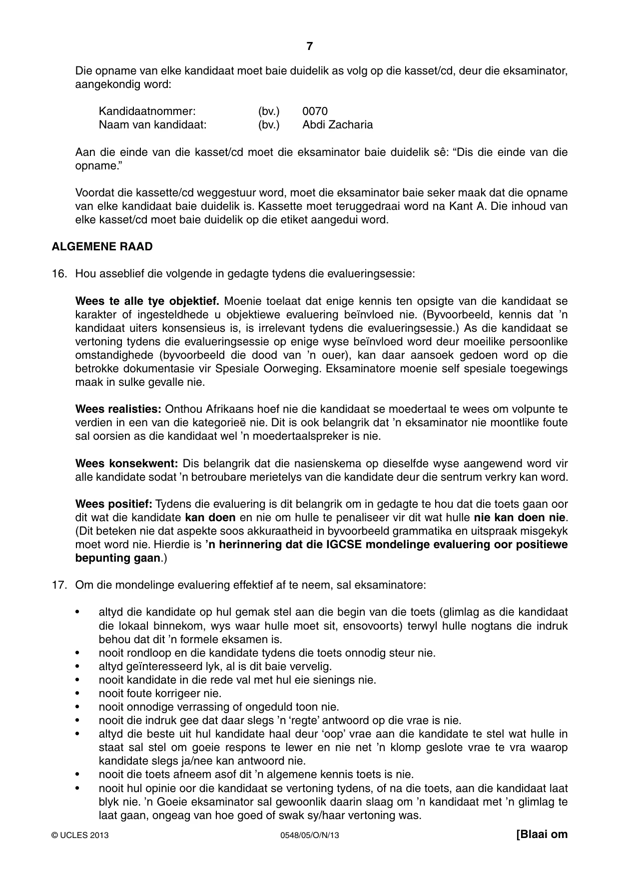 Cambridge IGCSE Afrikaans - Second Language 0548 2013 Oct/Nov Paper 5 · Variant 1 question paper, page 7 of 16