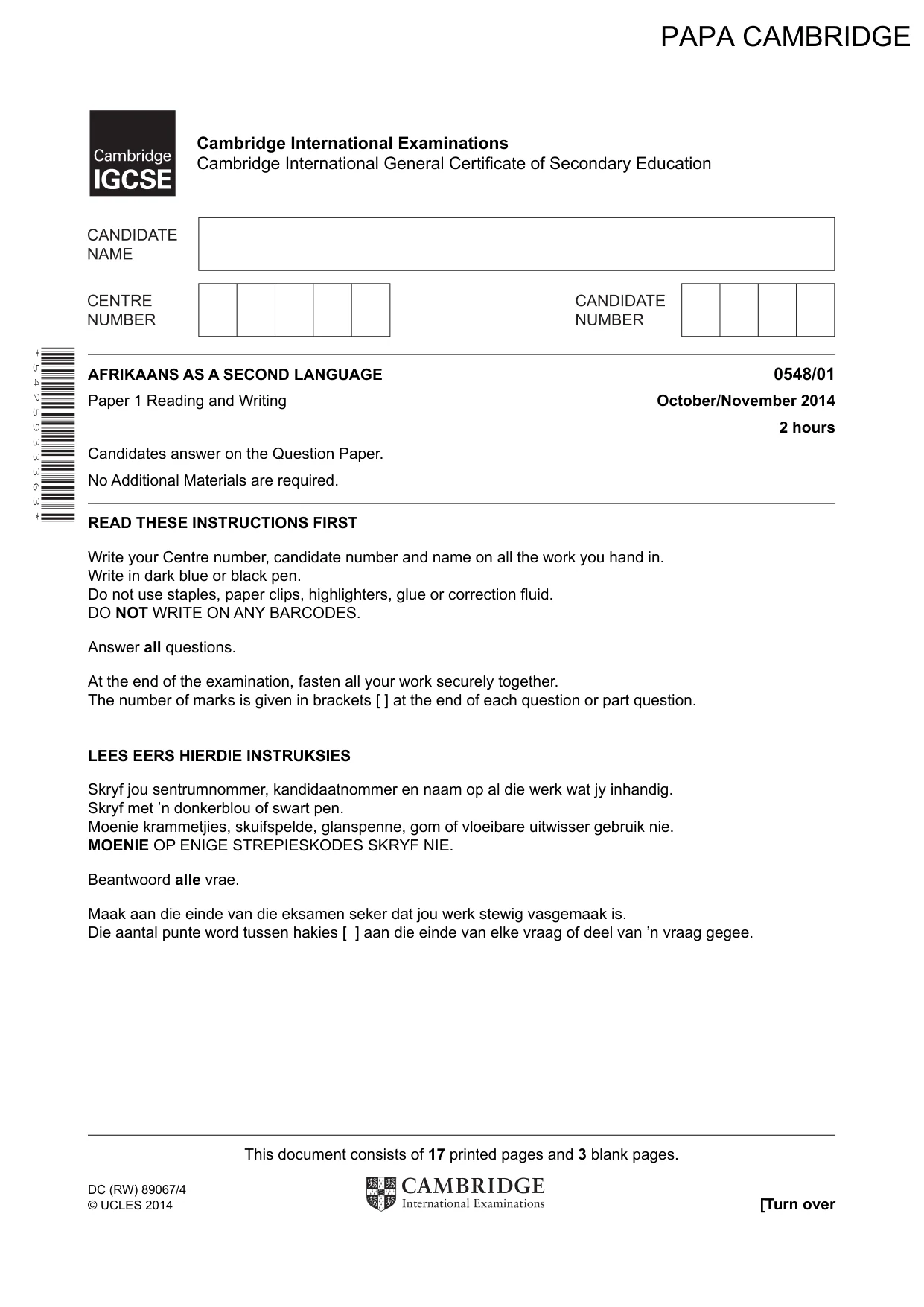 Cambridge IGCSE Afrikaans - Second Language 0548 2014 Oct/Nov Paper 1 · Variant 1 question paper, page 1 of 20