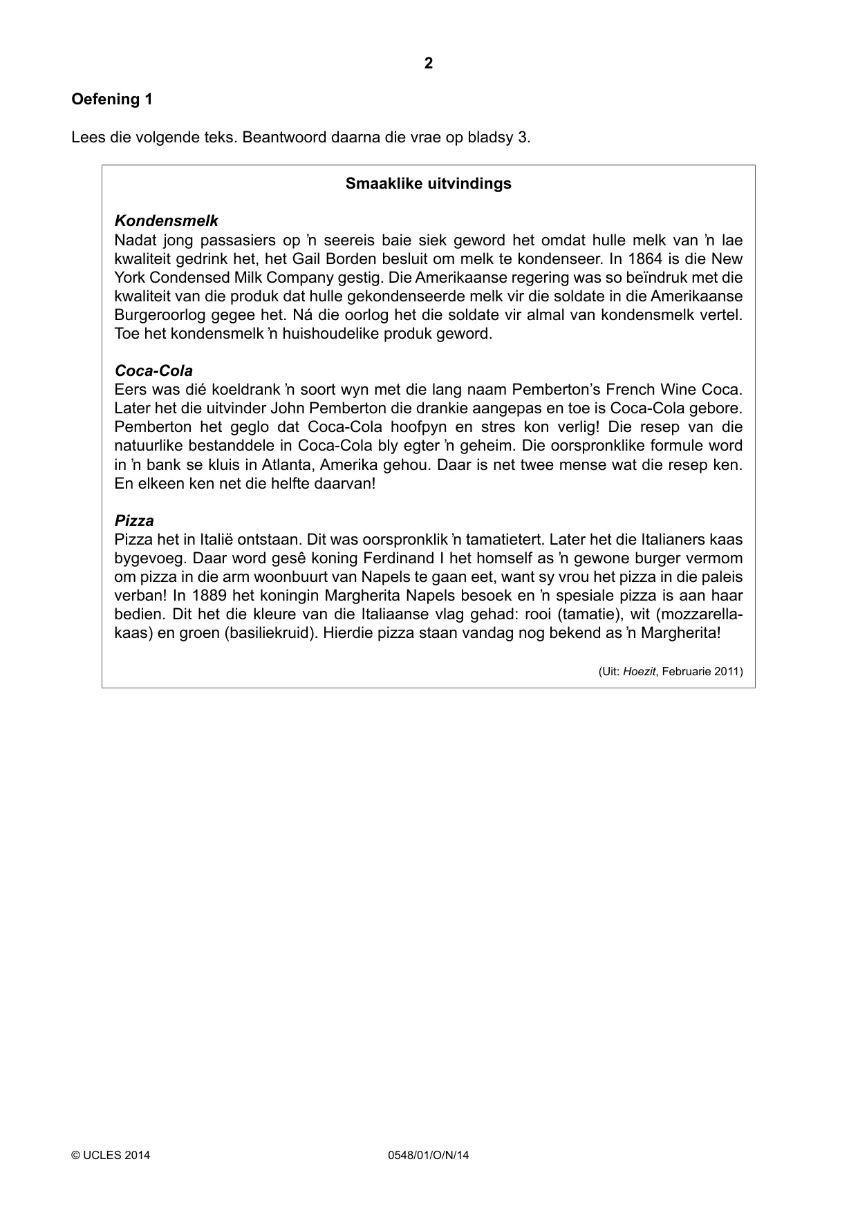 Cambridge IGCSE Afrikaans - Second Language 0548 2014 Oct/Nov Paper 1 · Variant 1 question paper, page 2 of 20