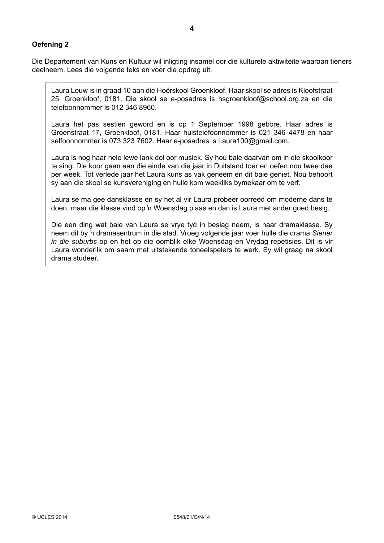 Cambridge IGCSE Afrikaans - Second Language 0548 2014 Oct/Nov Paper 1 · Variant 1 question paper, page 4 of 20