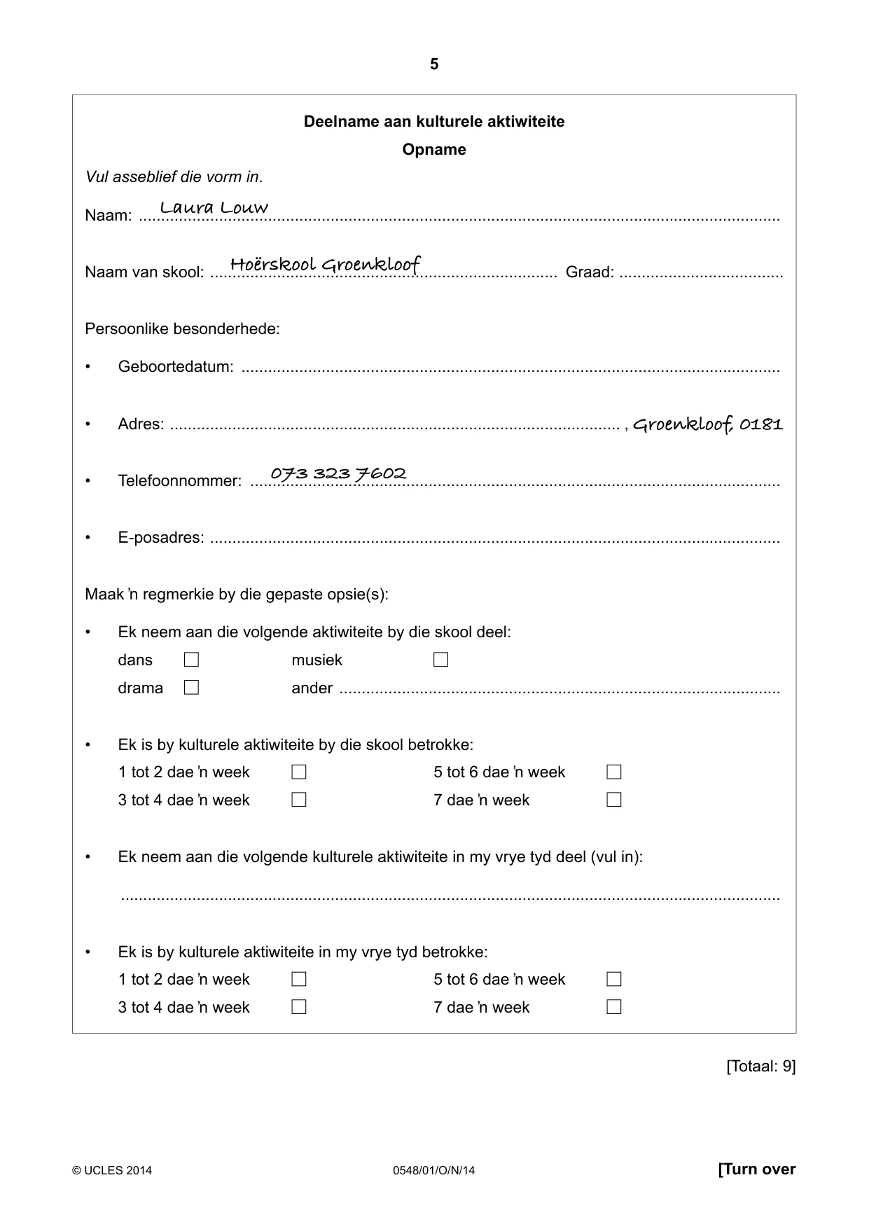 Cambridge IGCSE Afrikaans - Second Language 0548 2014 Oct/Nov Paper 1 · Variant 1 question paper, page 5 of 20