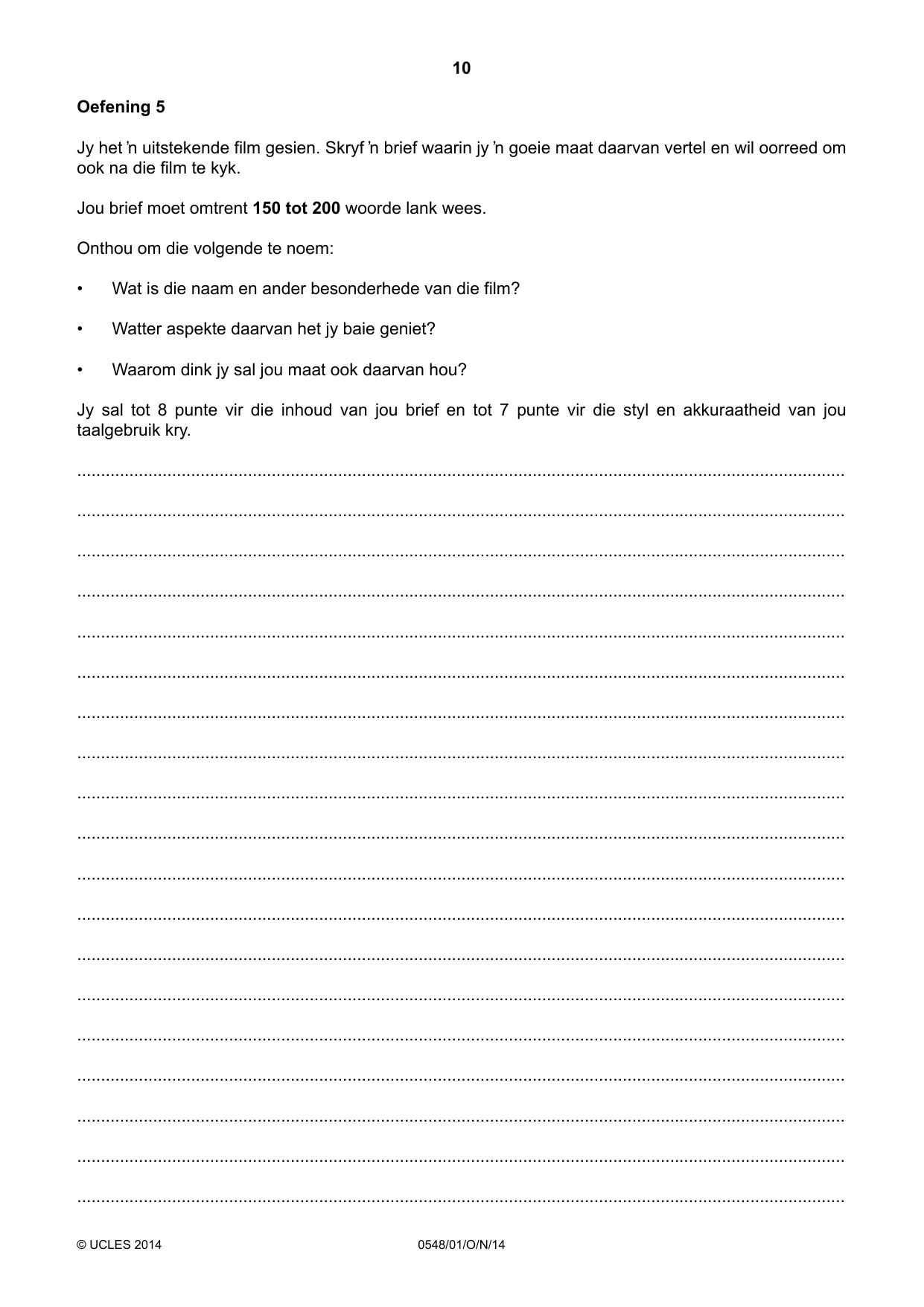 Cambridge IGCSE Afrikaans - Second Language 0548 2014 Oct/Nov Paper 1 · Variant 1 question paper, page 10 of 20