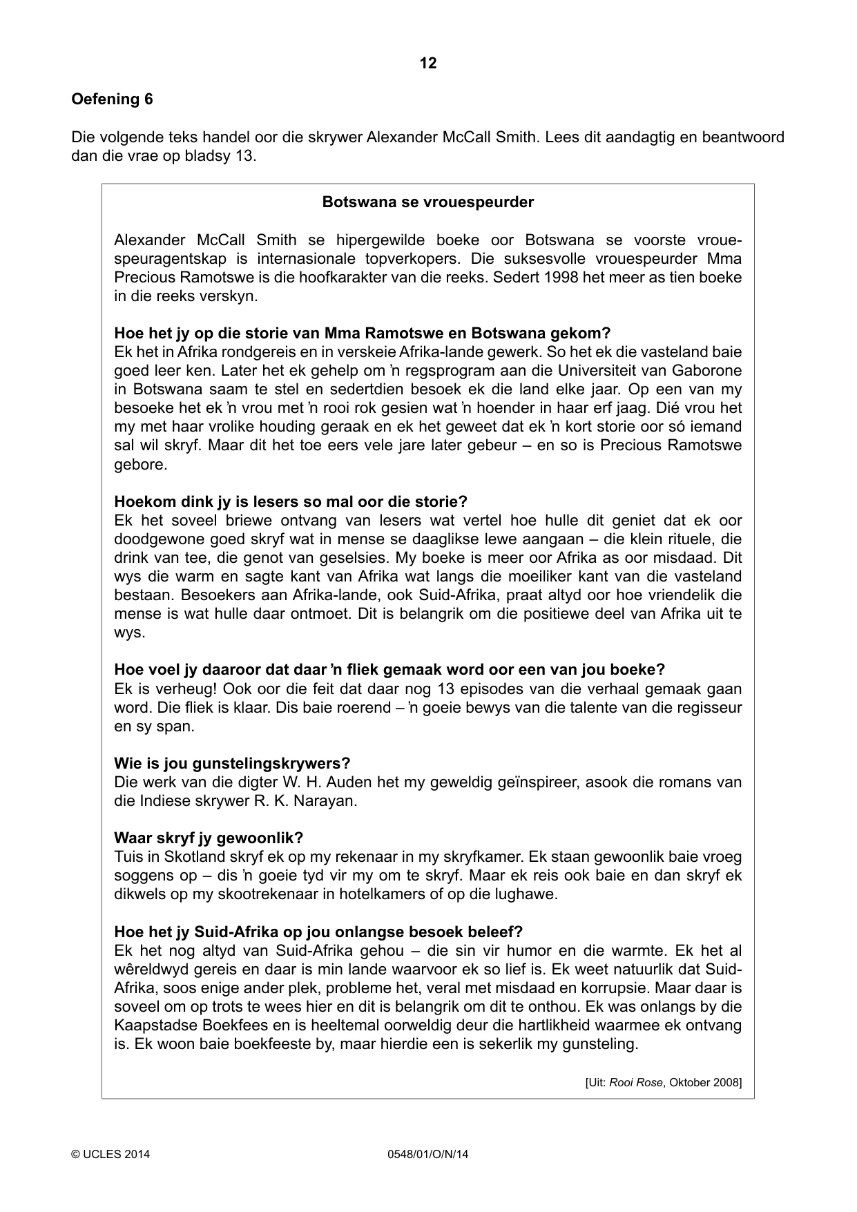 Cambridge IGCSE Afrikaans - Second Language 0548 2014 Oct/Nov Paper 1 · Variant 1 question paper, page 12 of 20