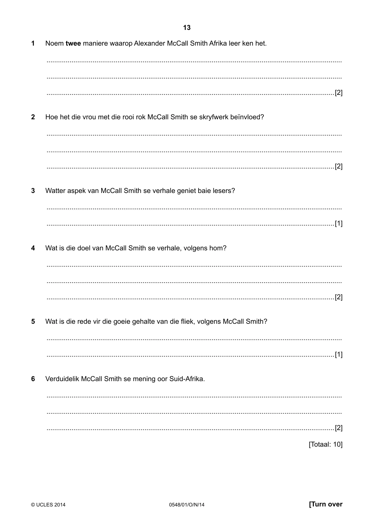 Cambridge IGCSE Afrikaans - Second Language 0548 2014 Oct/Nov Paper 1 · Variant 1 question paper, page 13 of 20