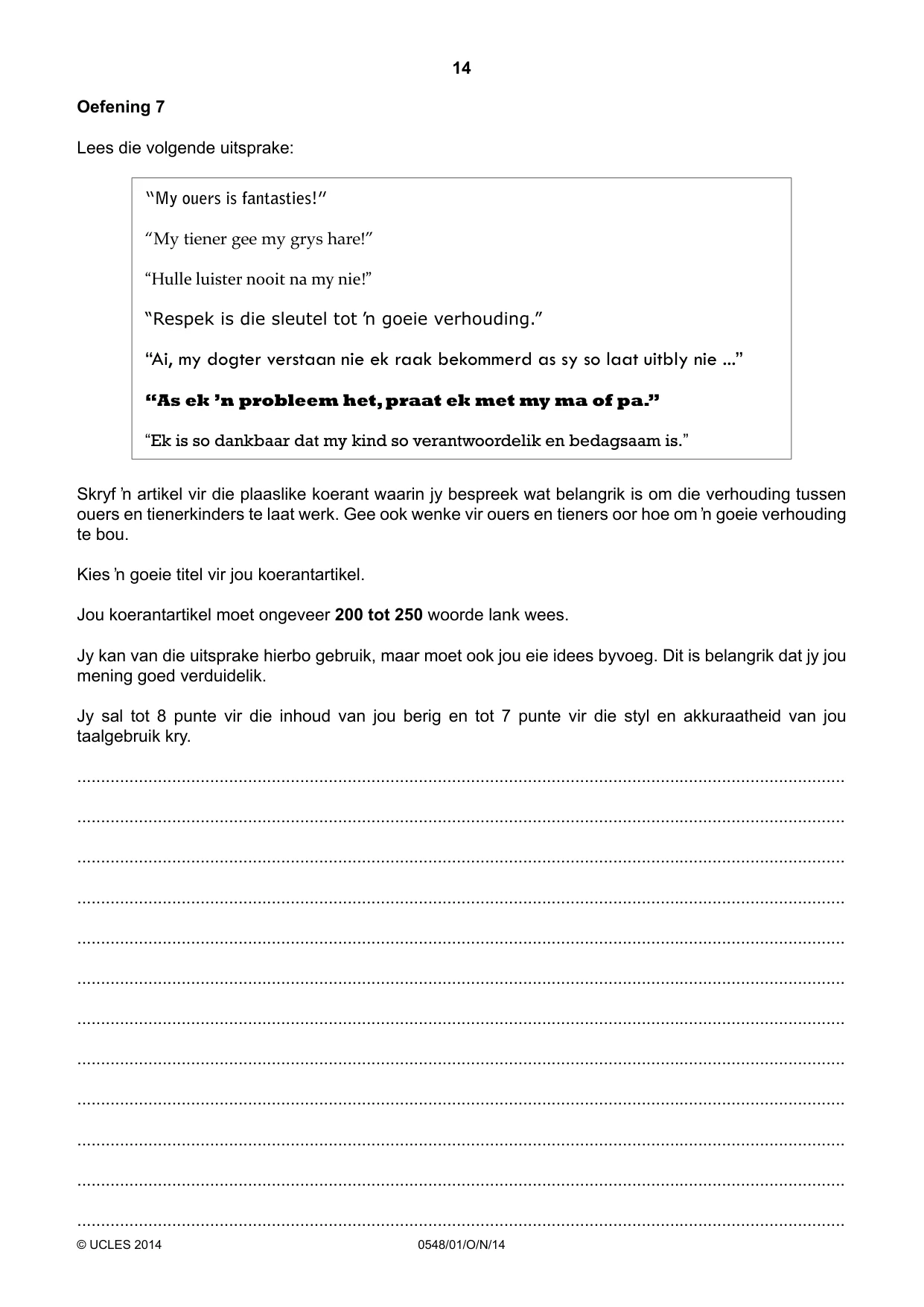 Cambridge IGCSE Afrikaans - Second Language 0548 2014 Oct/Nov Paper 1 · Variant 1 question paper, page 14 of 20