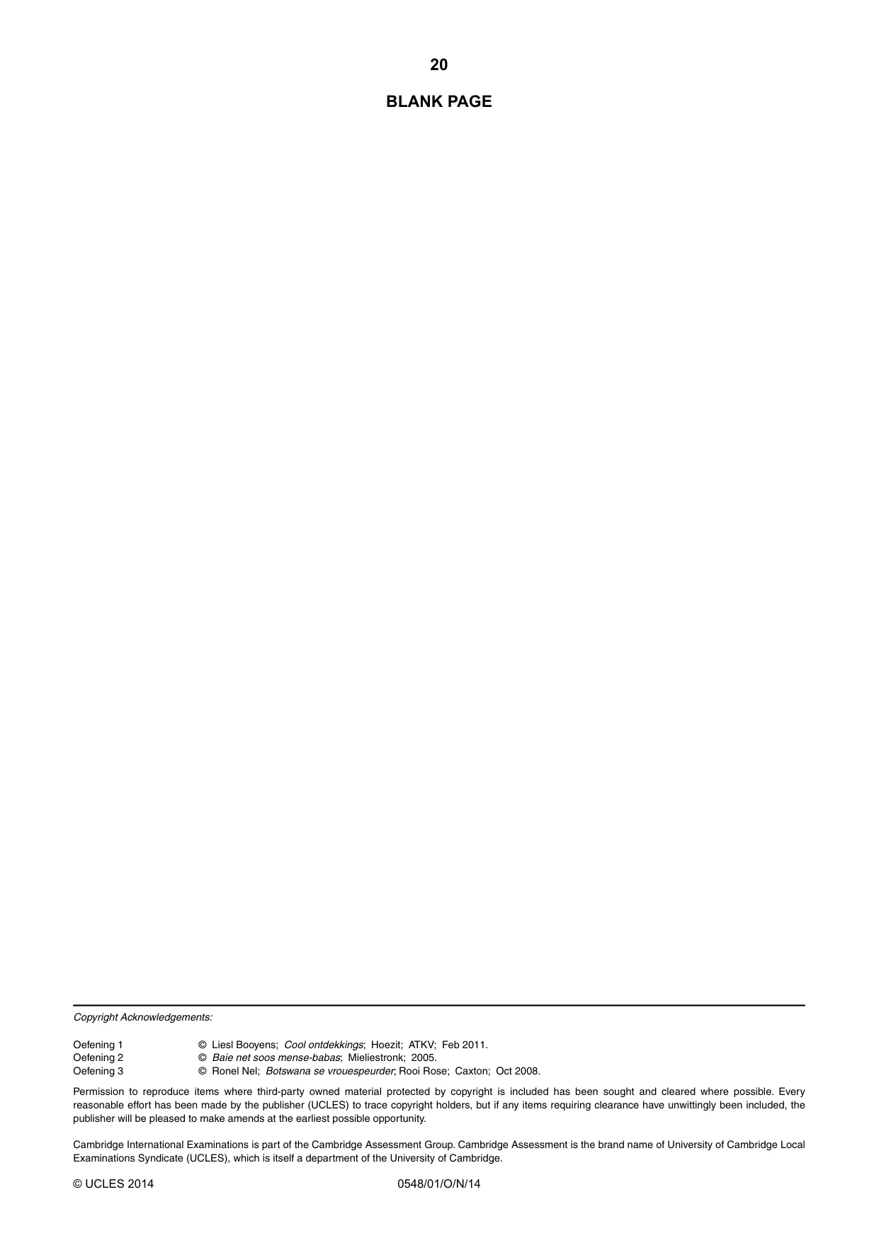 Cambridge IGCSE Afrikaans - Second Language 0548 2014 Oct/Nov Paper 1 · Variant 1 question paper, page 20 of 20