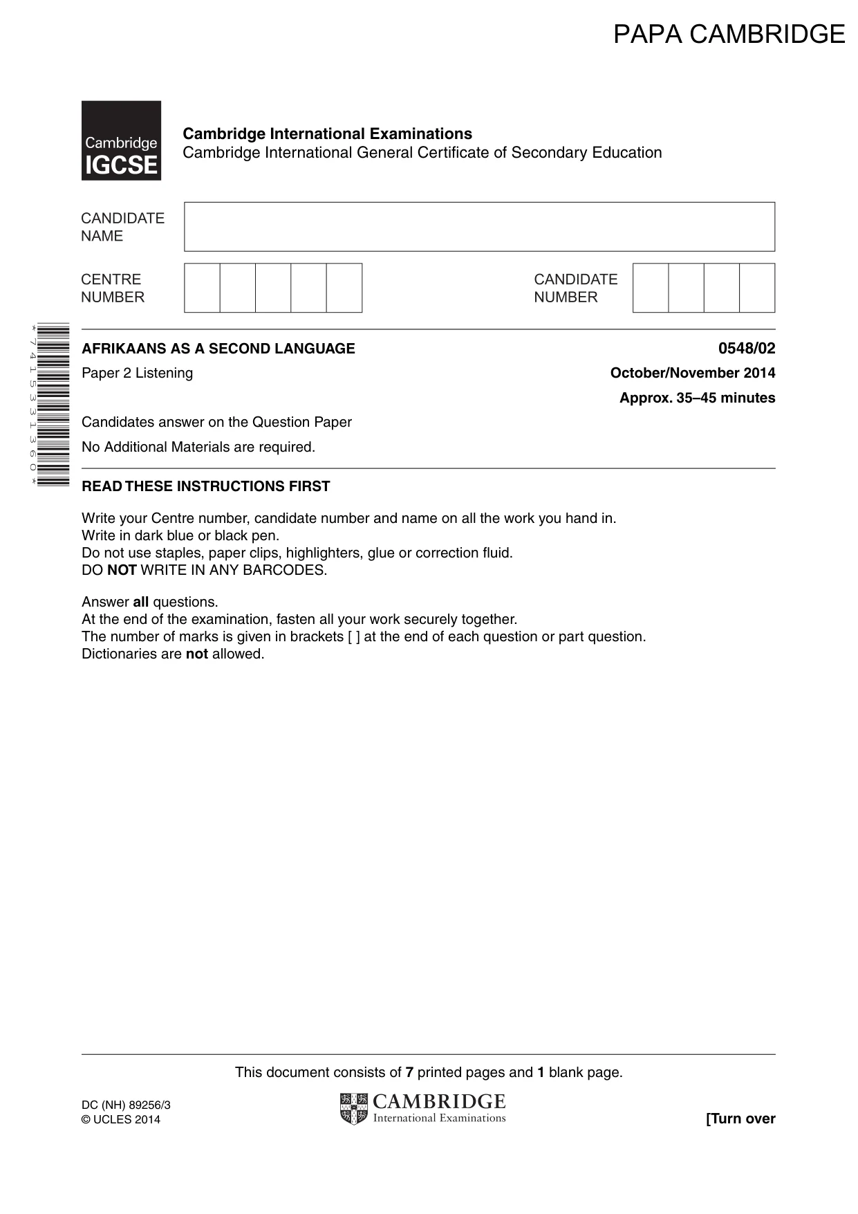 Cambridge IGCSE Afrikaans - Second Language 0548 2014 Oct/Nov Paper 2 · Variant 1 question paper, page 1 of 8