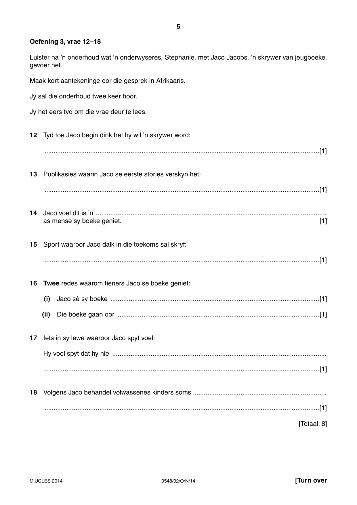 Cambridge IGCSE Afrikaans - Second Language 0548 2014 Oct/Nov Paper 2 · Variant 1 question paper, page 5 of 8