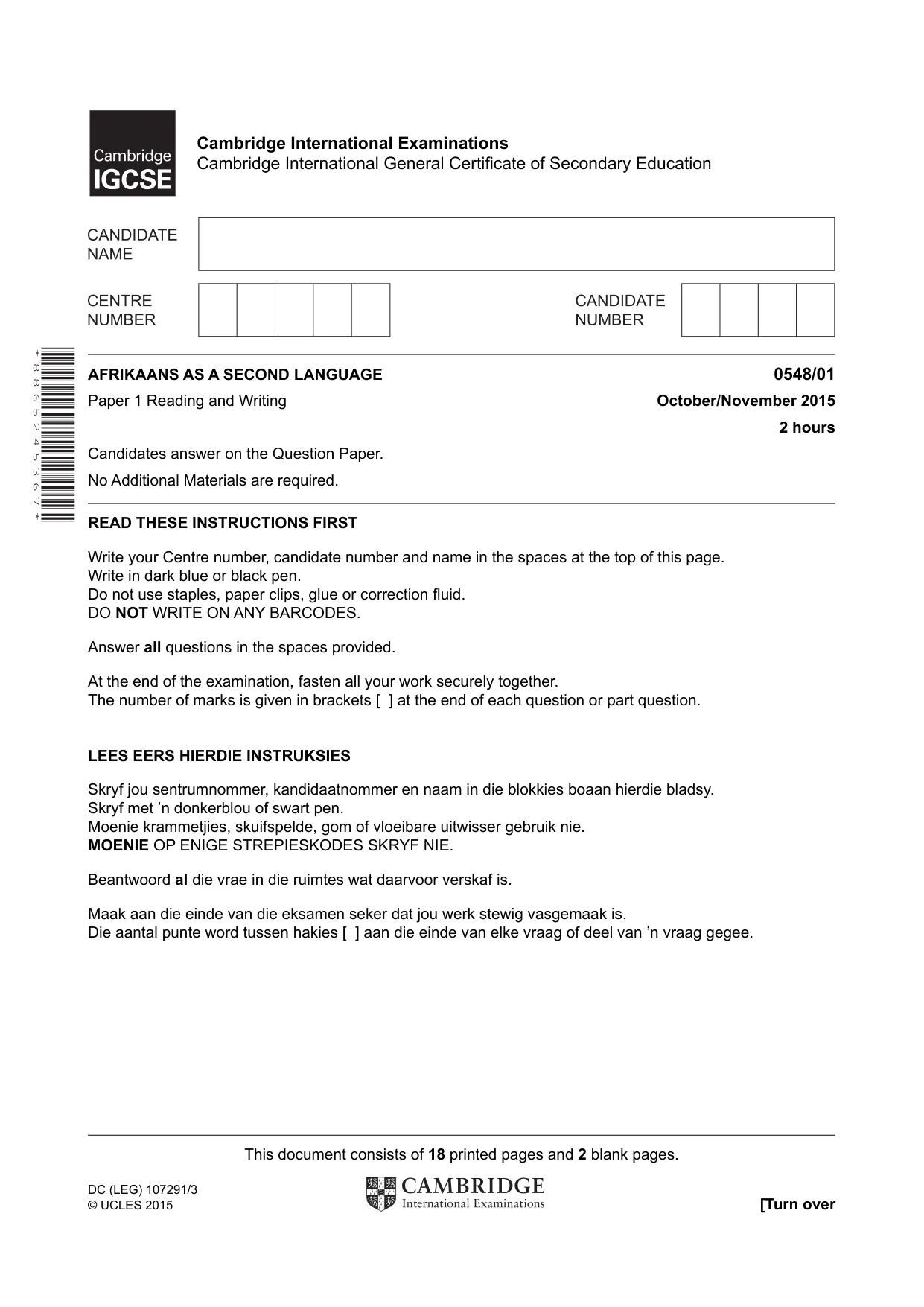 Cambridge IGCSE Afrikaans - Second Language 0548 2015 Oct/Nov Paper 1 · Variant 1 question paper, page 1 of 20