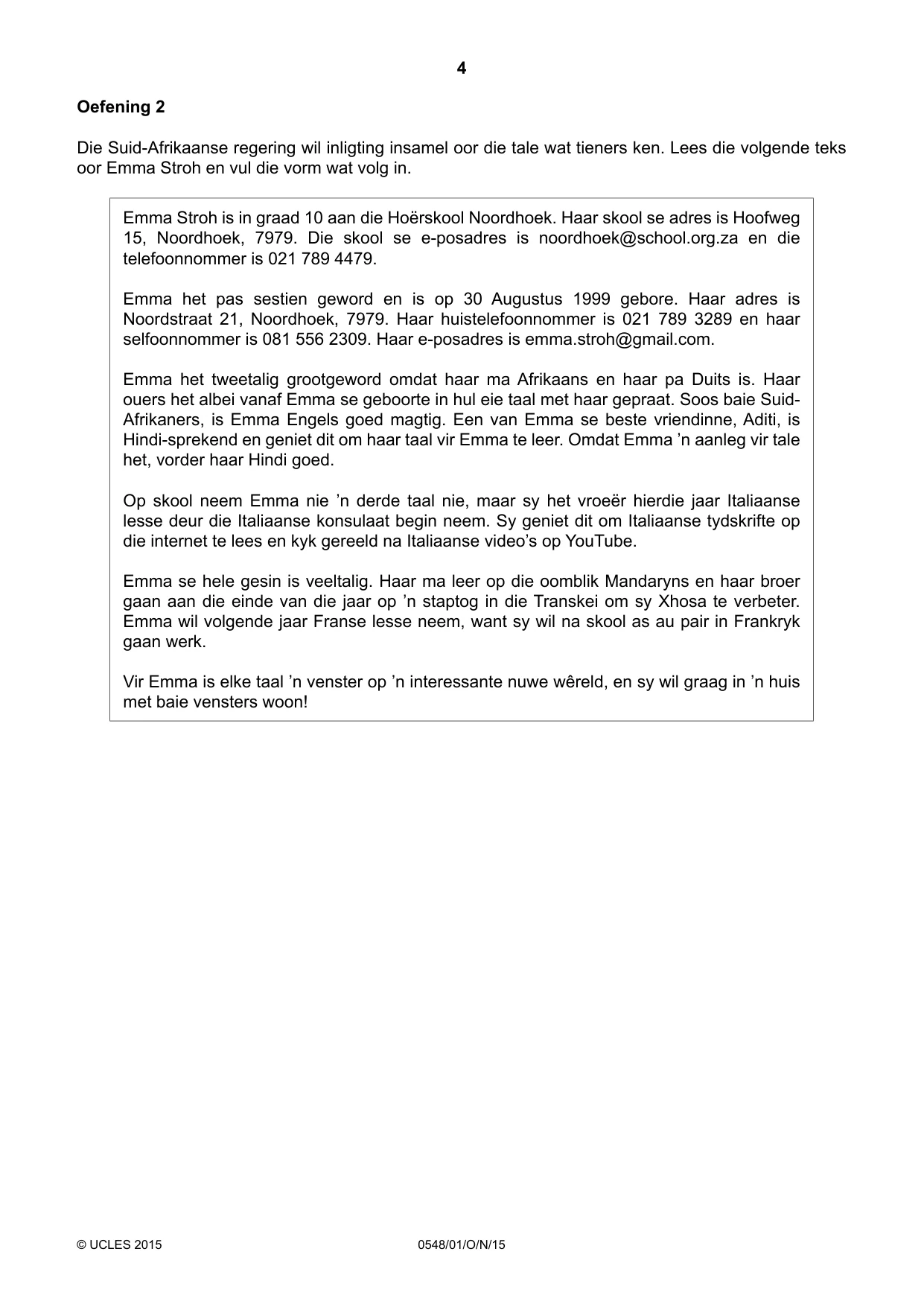 Cambridge IGCSE Afrikaans - Second Language 0548 2015 Oct/Nov Paper 1 · Variant 1 question paper, page 4 of 20