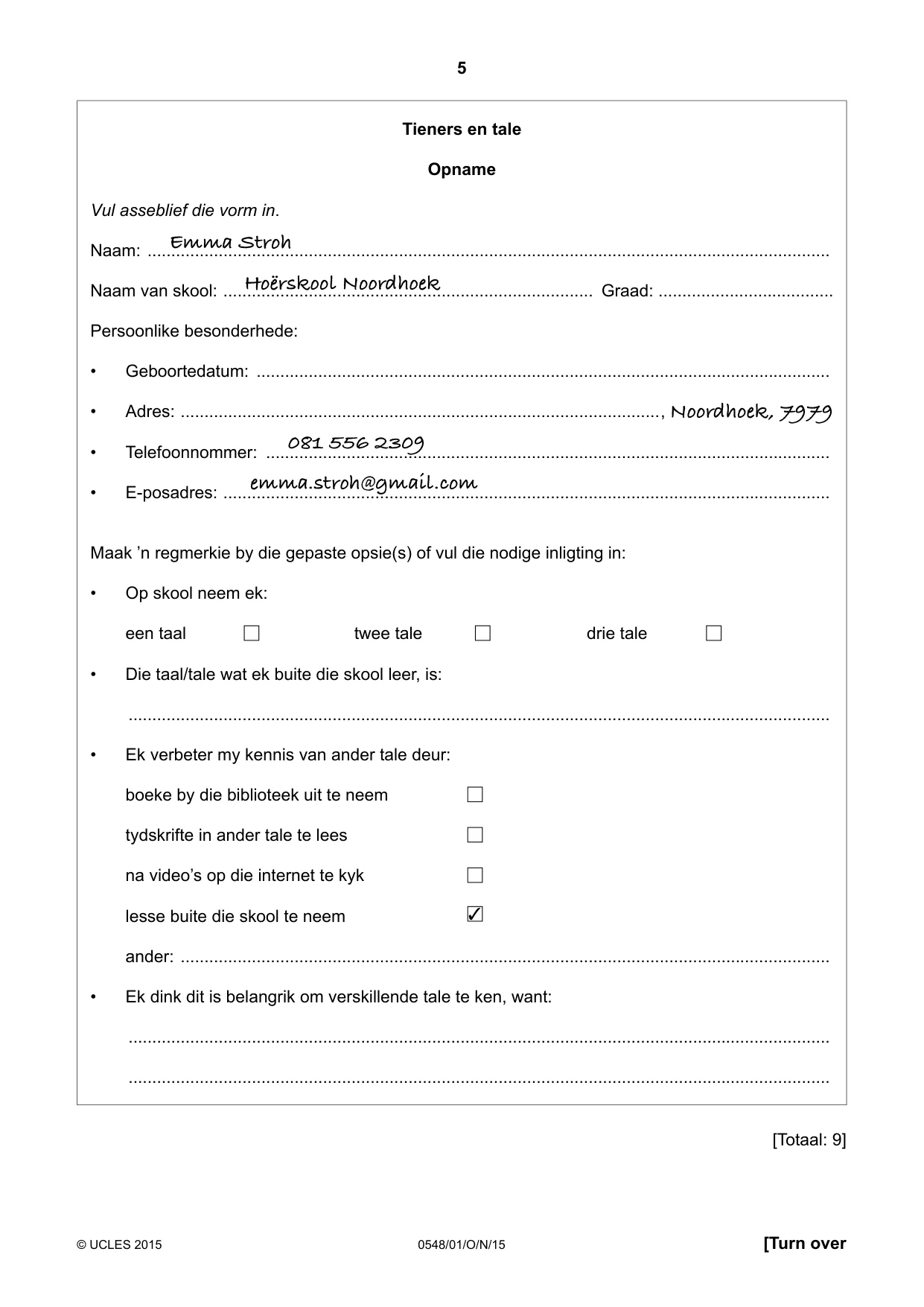 Cambridge IGCSE Afrikaans - Second Language 0548 2015 Oct/Nov Paper 1 · Variant 1 question paper, page 5 of 20