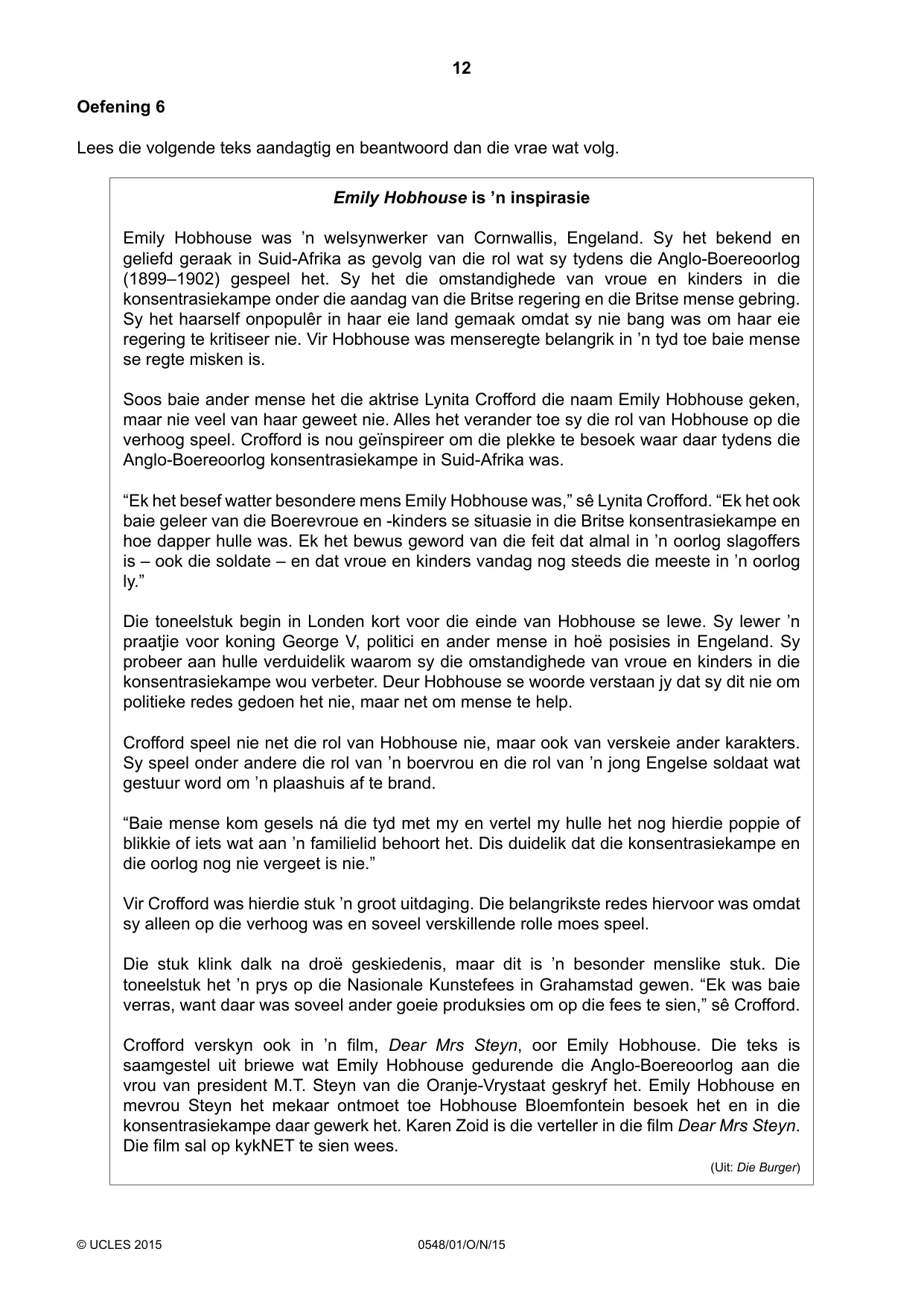 Cambridge IGCSE Afrikaans - Second Language 0548 2015 Oct/Nov Paper 1 · Variant 1 question paper, page 12 of 20