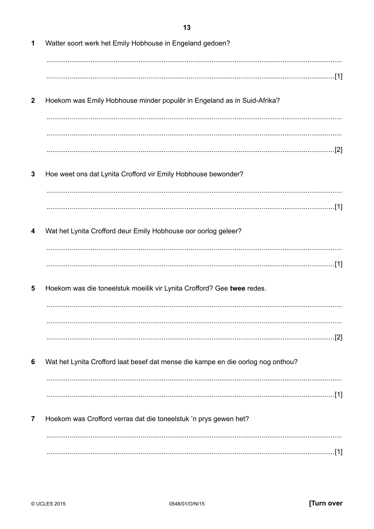 Cambridge IGCSE Afrikaans - Second Language 0548 2015 Oct/Nov Paper 1 · Variant 1 question paper, page 13 of 20