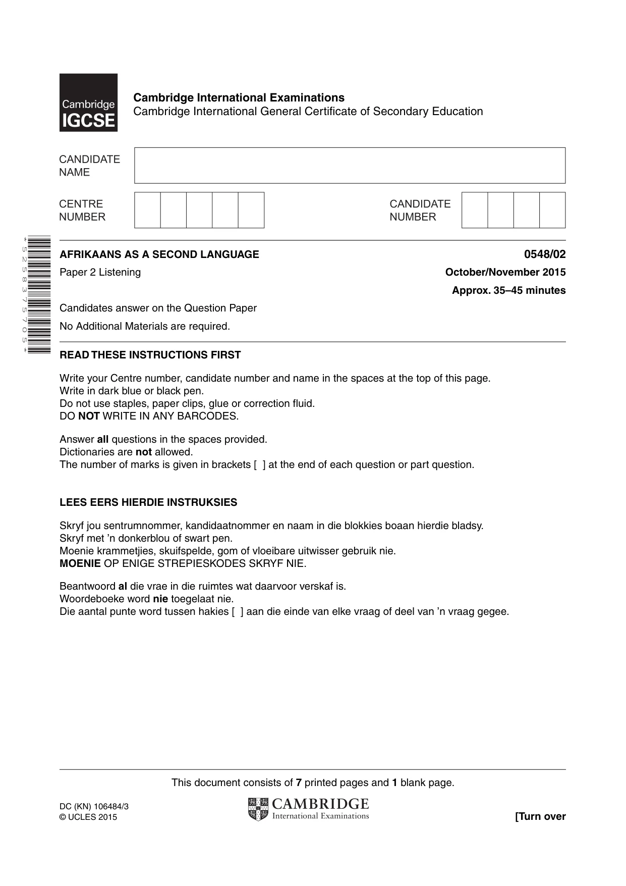 Cambridge IGCSE Afrikaans - Second Language 0548 2015 Oct/Nov Paper 2 · Variant 1 question paper, page 1 of 8