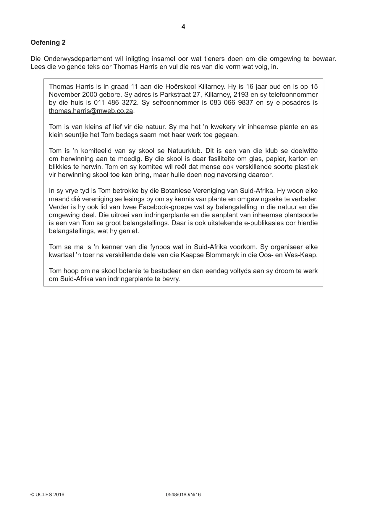 Cambridge IGCSE Afrikaans - Second Language 0548 2016 Oct/Nov Paper 1 · Variant 1 question paper, page 4 of 20