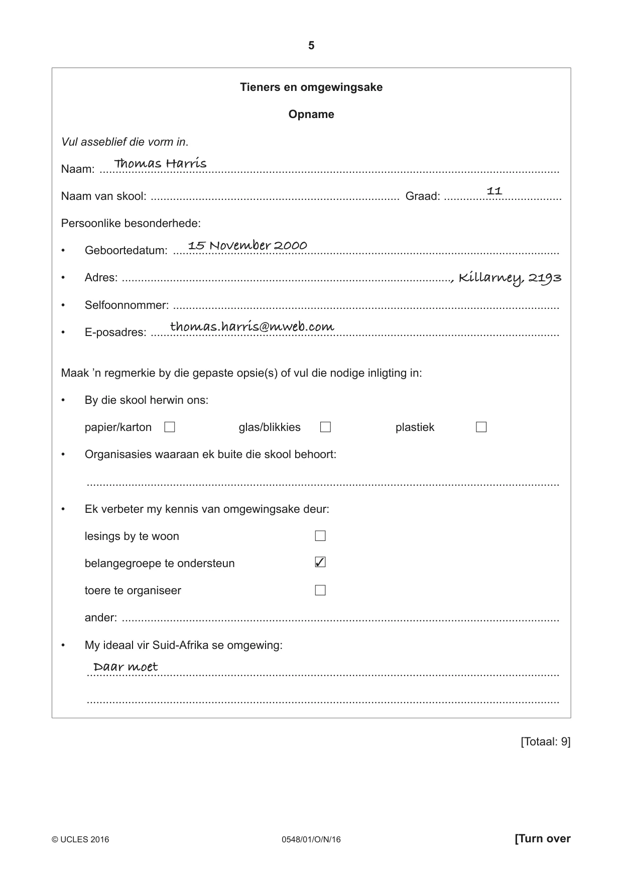 Cambridge IGCSE Afrikaans - Second Language 0548 2016 Oct/Nov Paper 1 · Variant 1 question paper, page 5 of 20