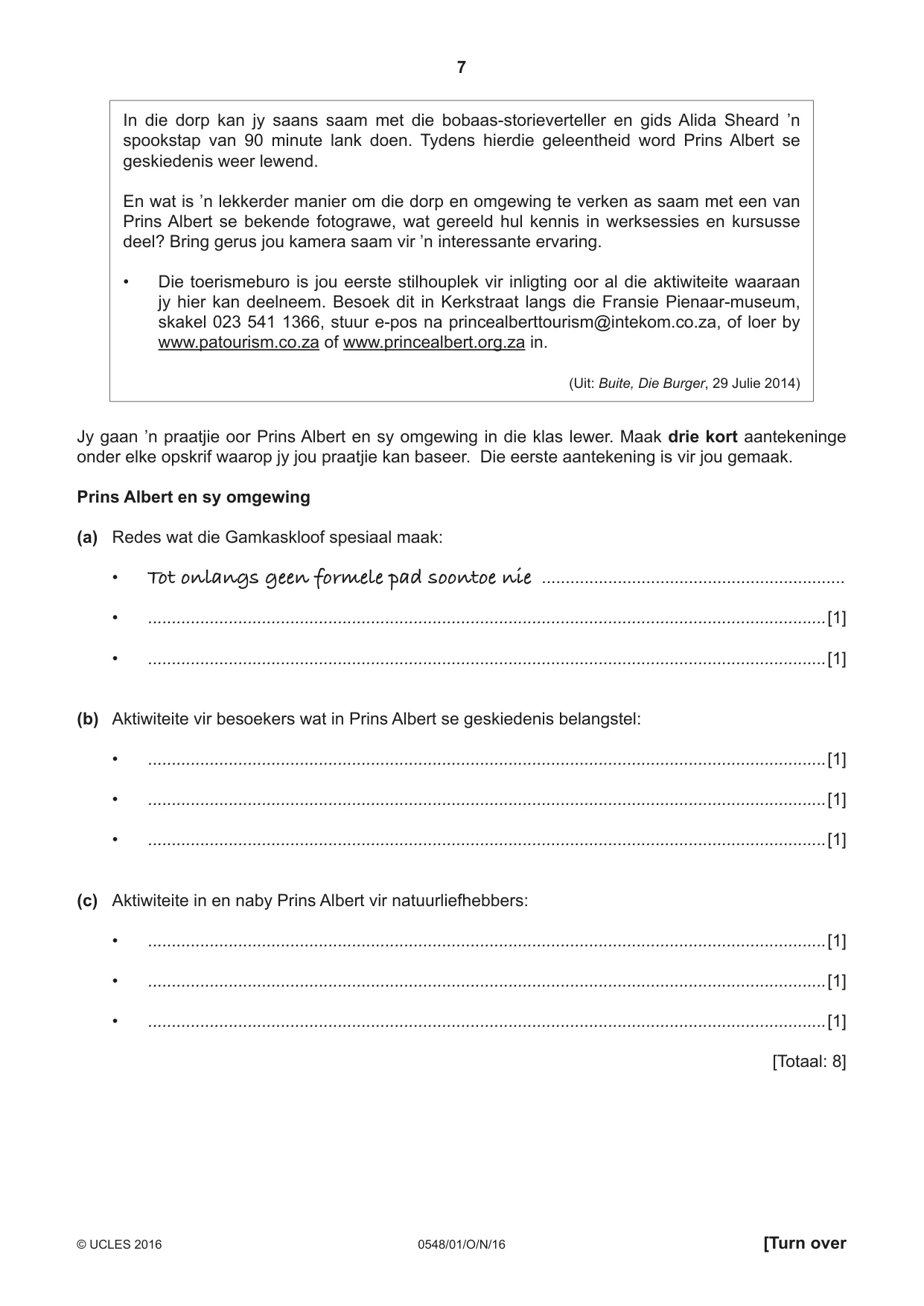 Cambridge IGCSE Afrikaans - Second Language 0548 2016 Oct/Nov Paper 1 · Variant 1 question paper, page 7 of 20