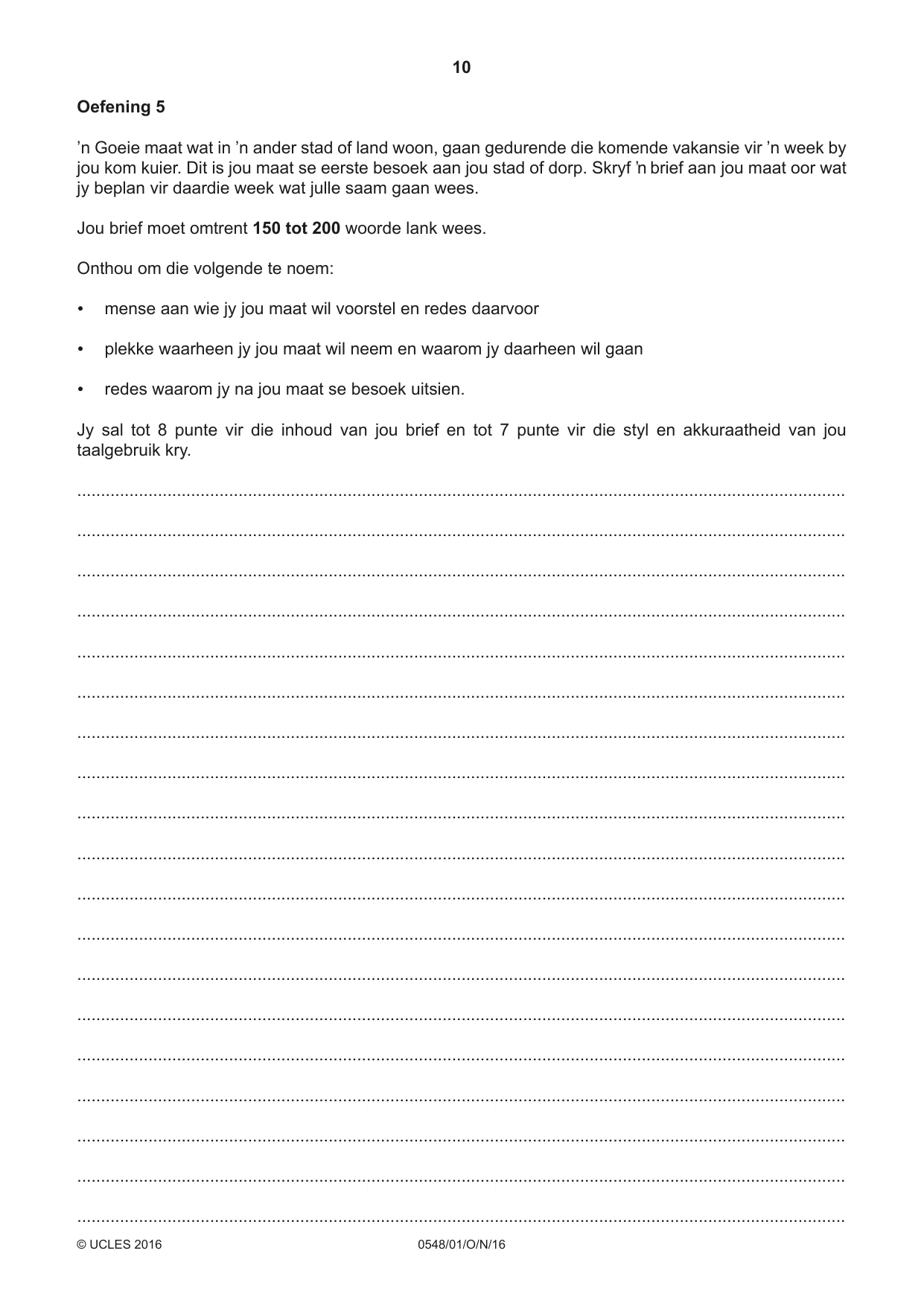 Cambridge IGCSE Afrikaans - Second Language 0548 2016 Oct/Nov Paper 1 · Variant 1 question paper, page 10 of 20