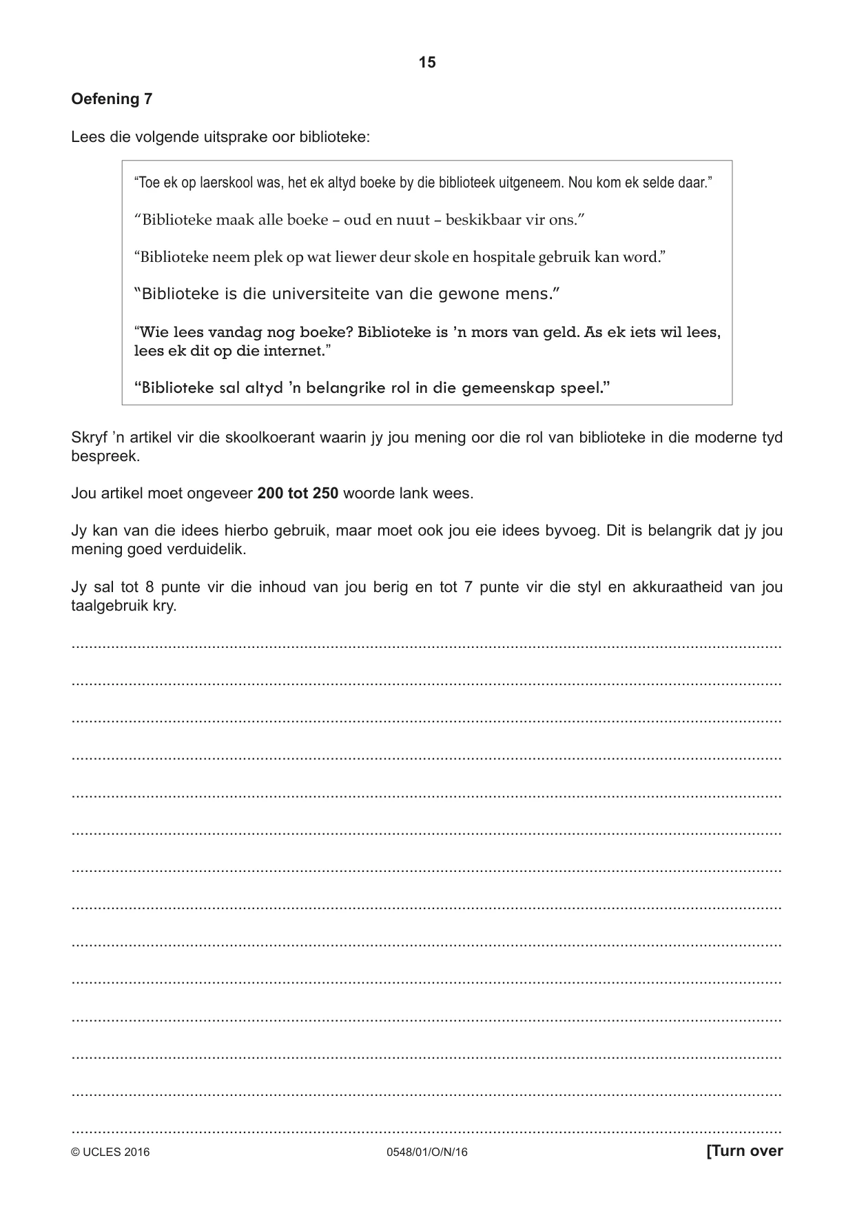 Cambridge IGCSE Afrikaans - Second Language 0548 2016 Oct/Nov Paper 1 · Variant 1 question paper, page 15 of 20