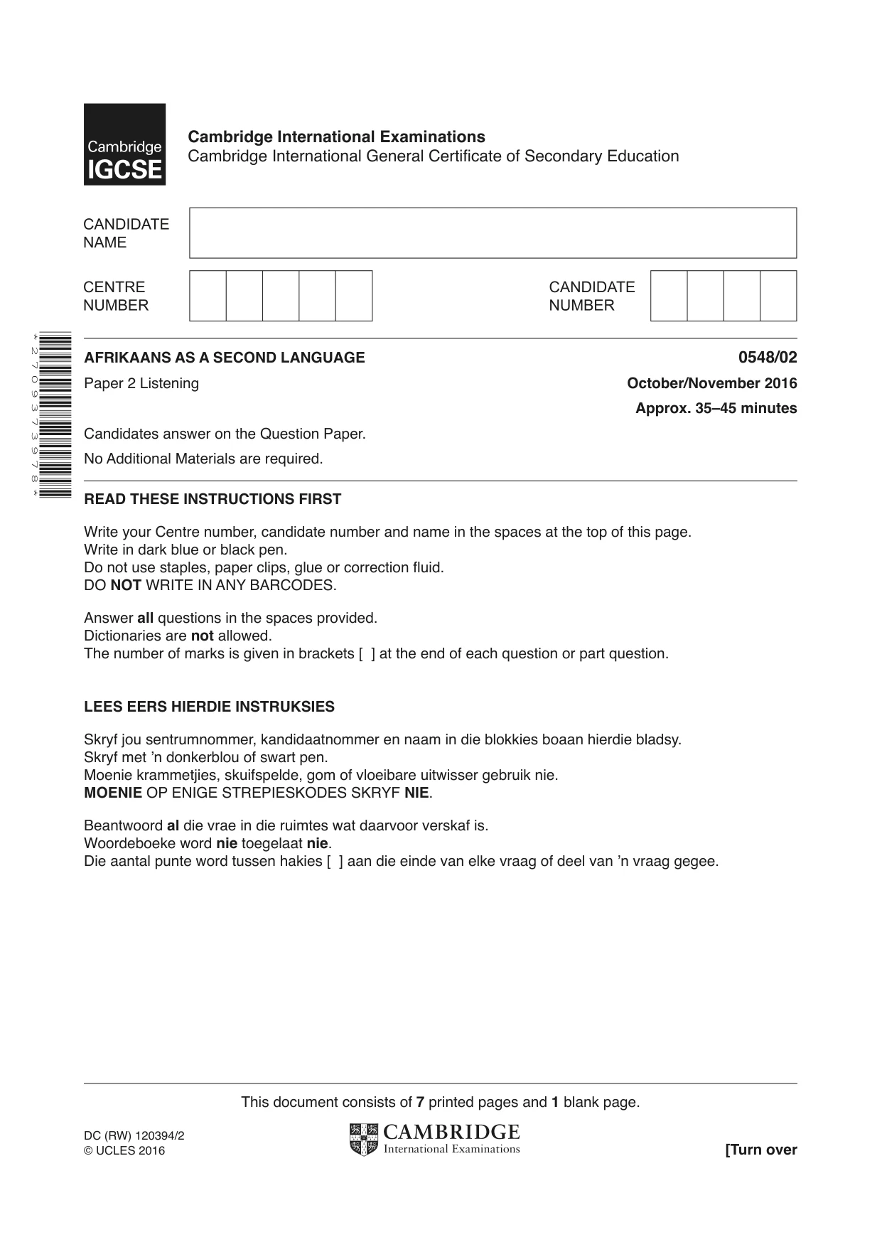 Cambridge IGCSE Afrikaans - Second Language 0548 2016 Oct/Nov Paper 2 · Variant 1 question paper, page 1 of 8