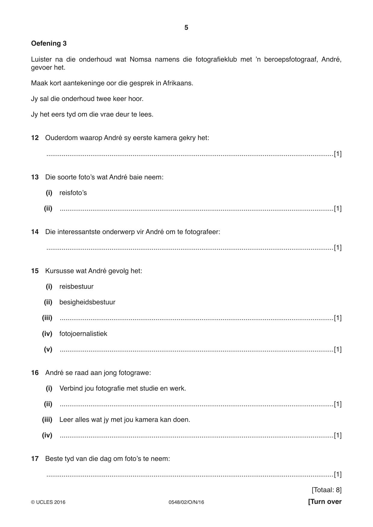 Cambridge IGCSE Afrikaans - Second Language 0548 2016 Oct/Nov Paper 2 · Variant 1 question paper, page 5 of 8