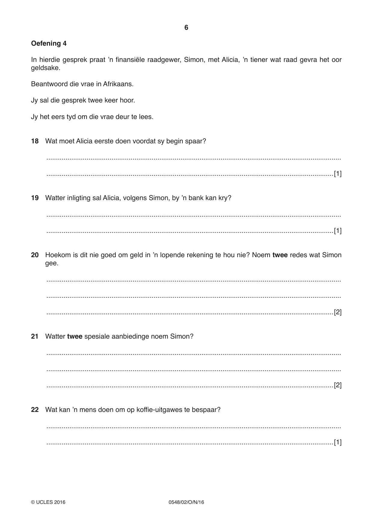 Cambridge IGCSE Afrikaans - Second Language 0548 2016 Oct/Nov Paper 2 · Variant 1 question paper, page 6 of 8