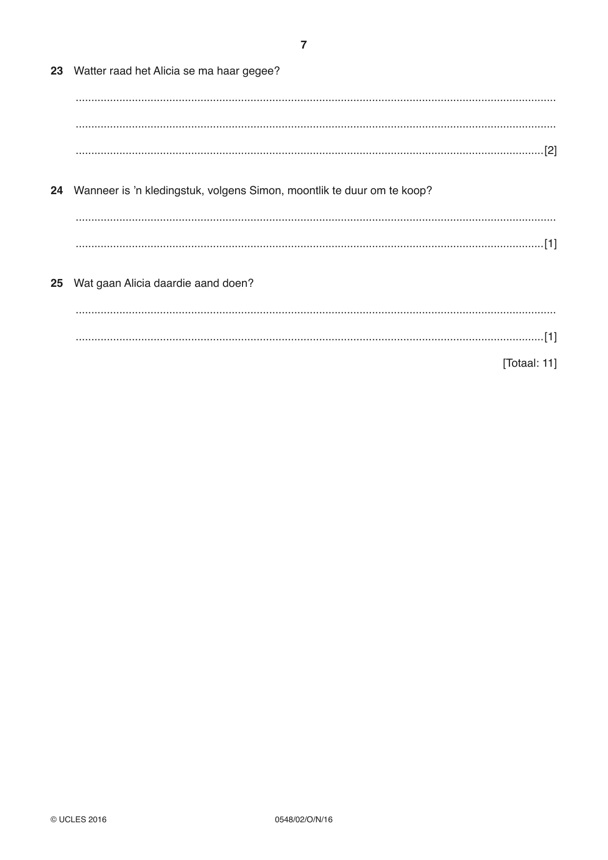 Cambridge IGCSE Afrikaans - Second Language 0548 2016 Oct/Nov Paper 2 · Variant 1 question paper, page 7 of 8