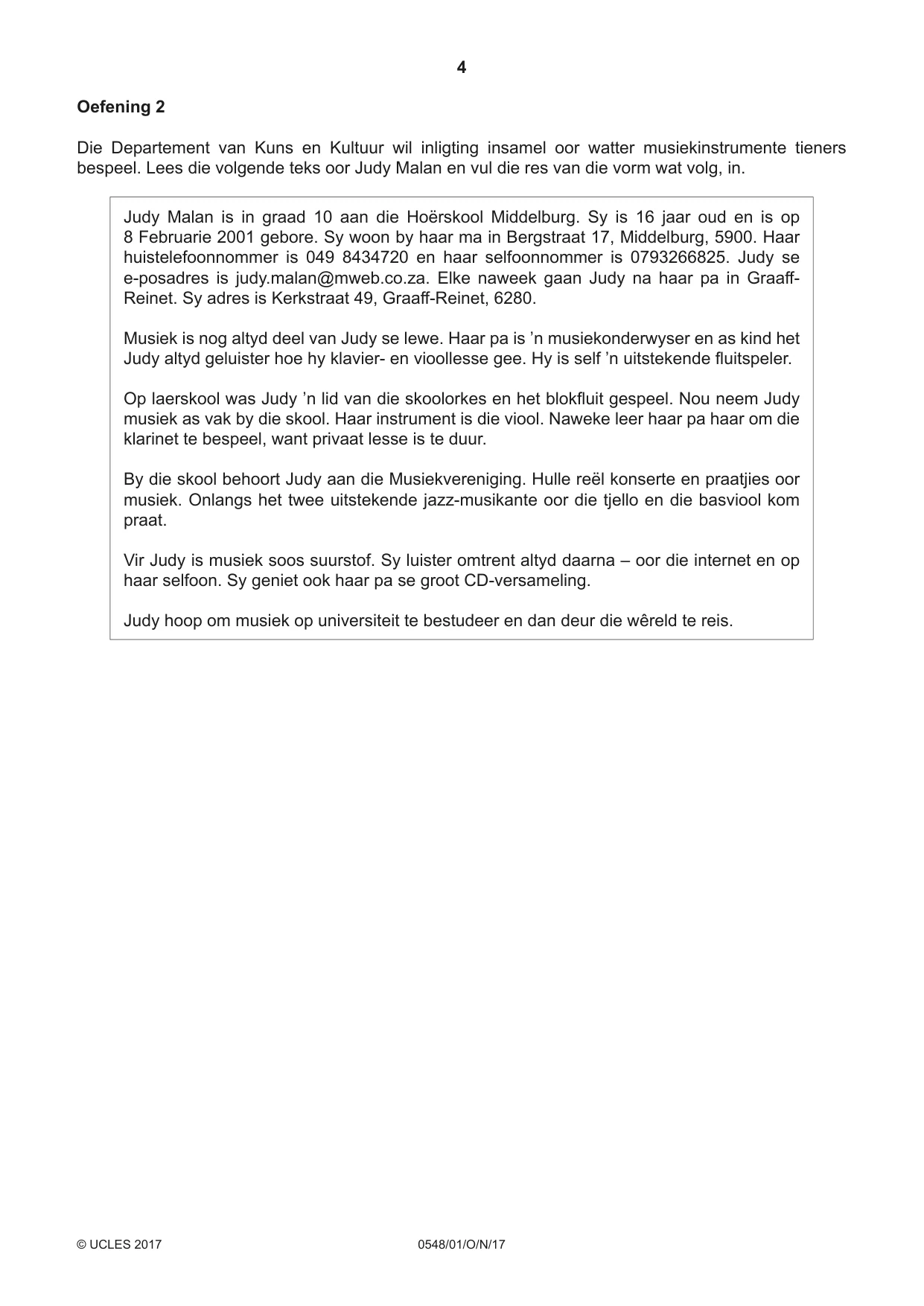 Cambridge IGCSE Afrikaans - Second Language 0548 2017 Oct/Nov Paper 1 · Variant 1 question paper, page 4 of 20
