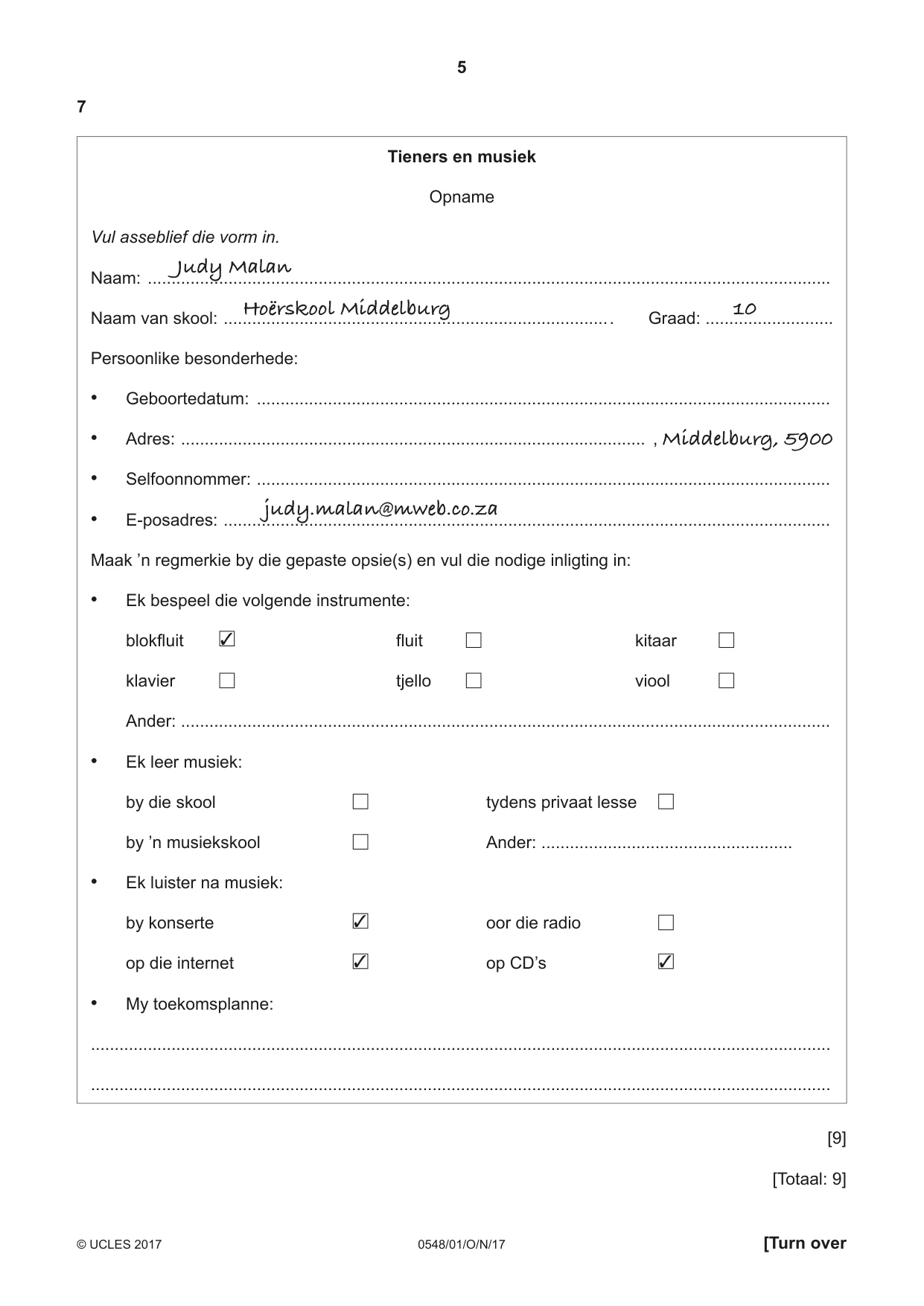 Cambridge IGCSE Afrikaans - Second Language 0548 2017 Oct/Nov Paper 1 · Variant 1 question paper, page 5 of 20