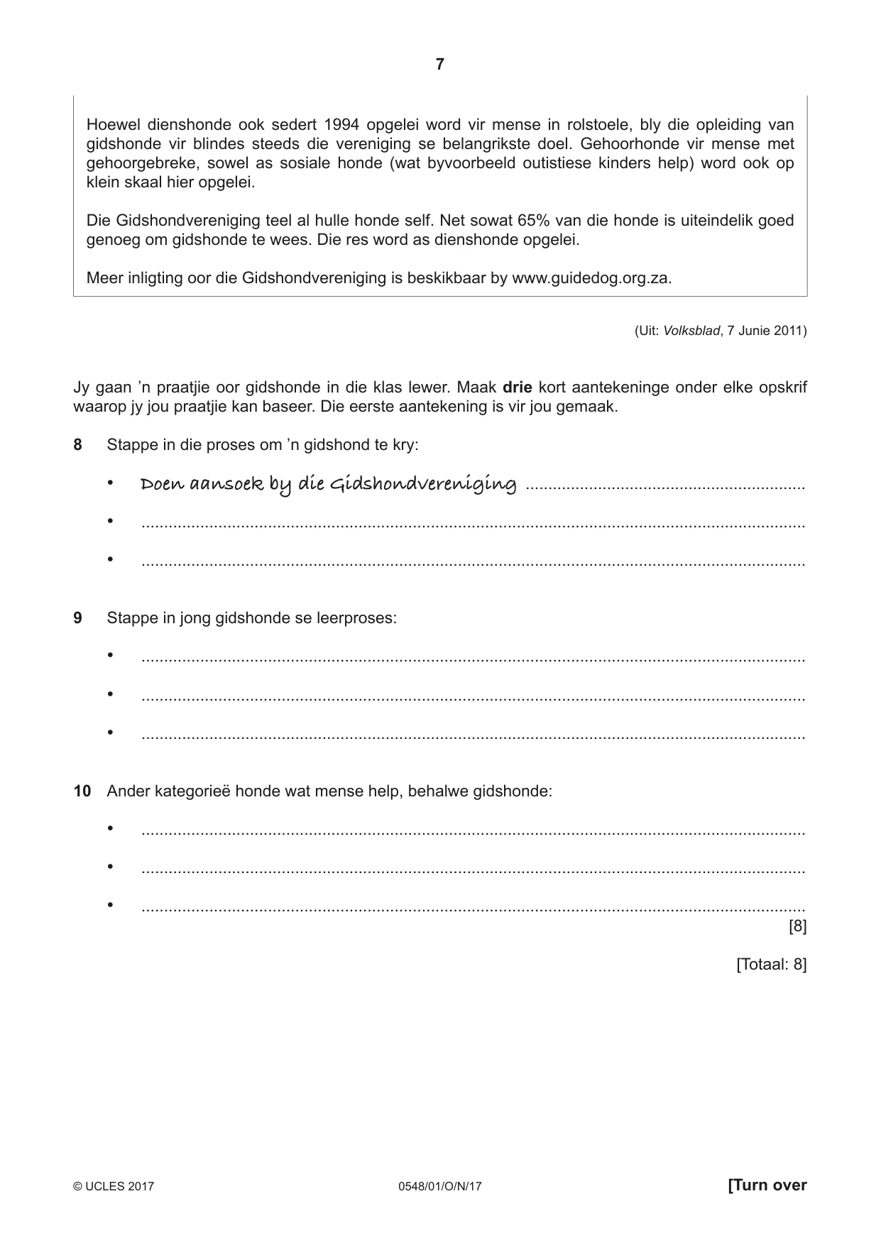 Cambridge IGCSE Afrikaans - Second Language 0548 2017 Oct/Nov Paper 1 · Variant 1 question paper, page 7 of 20