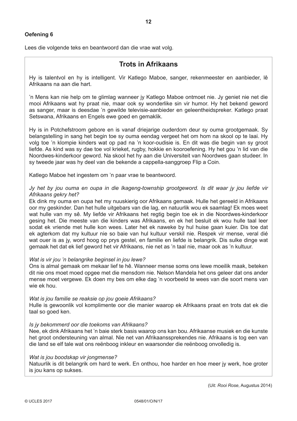 Cambridge IGCSE Afrikaans - Second Language 0548 2017 Oct/Nov Paper 1 · Variant 1 question paper, page 12 of 20