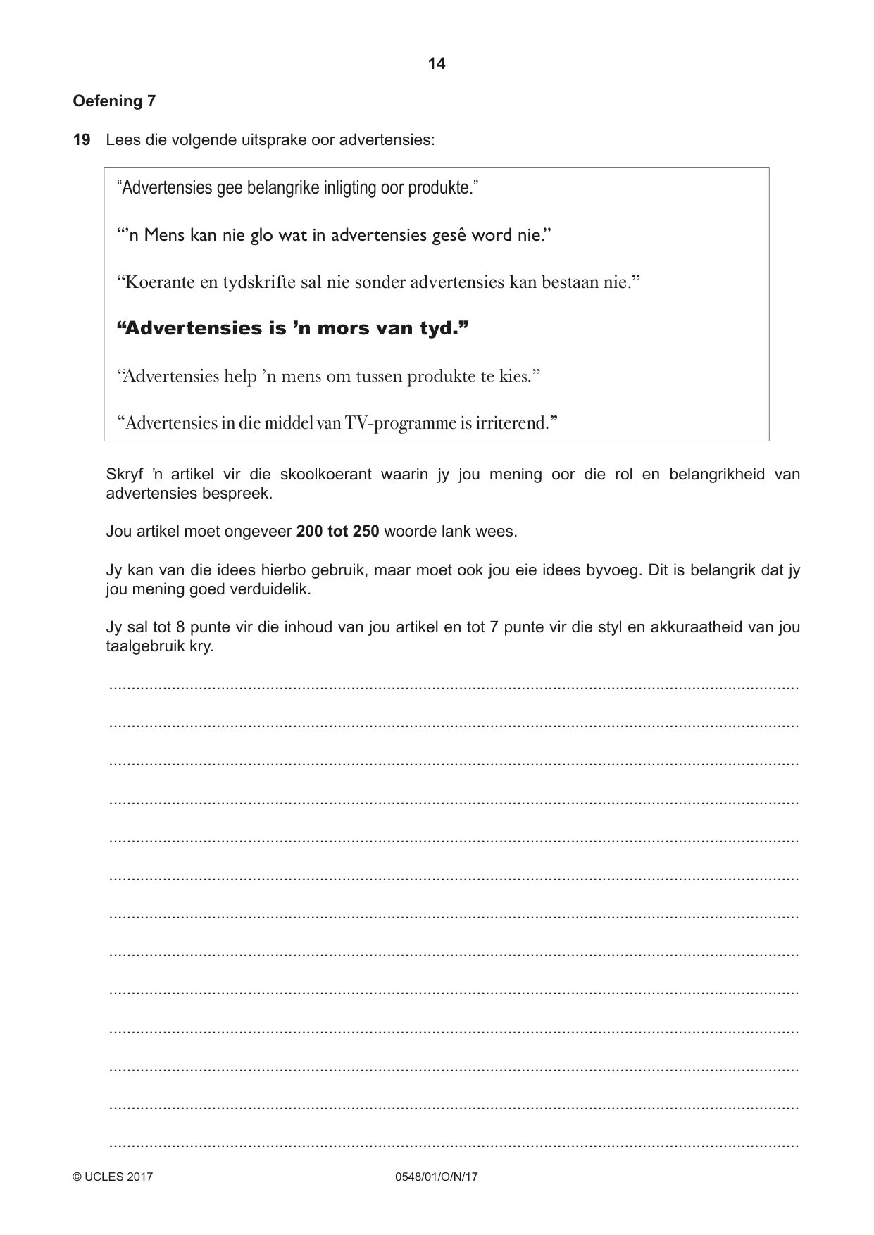 Cambridge IGCSE Afrikaans - Second Language 0548 2017 Oct/Nov Paper 1 · Variant 1 question paper, page 14 of 20