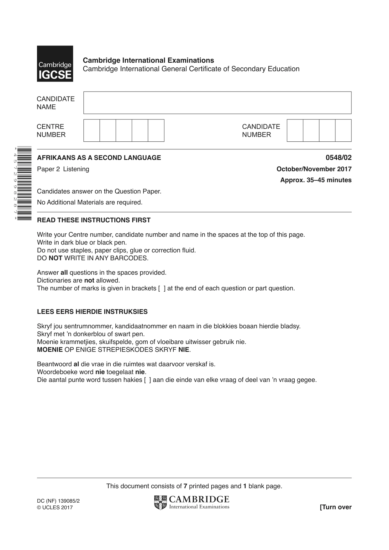 Cambridge IGCSE Afrikaans - Second Language 0548 2017 Oct/Nov Paper 2 · Variant 1 question paper, page 1 of 8