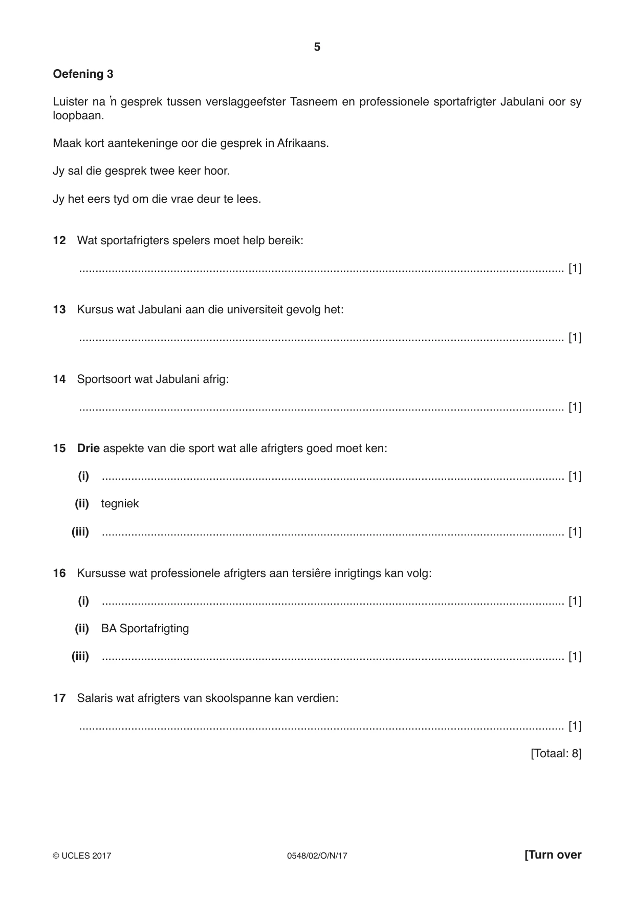 Cambridge IGCSE Afrikaans - Second Language 0548 2017 Oct/Nov Paper 2 · Variant 1 question paper, page 5 of 8