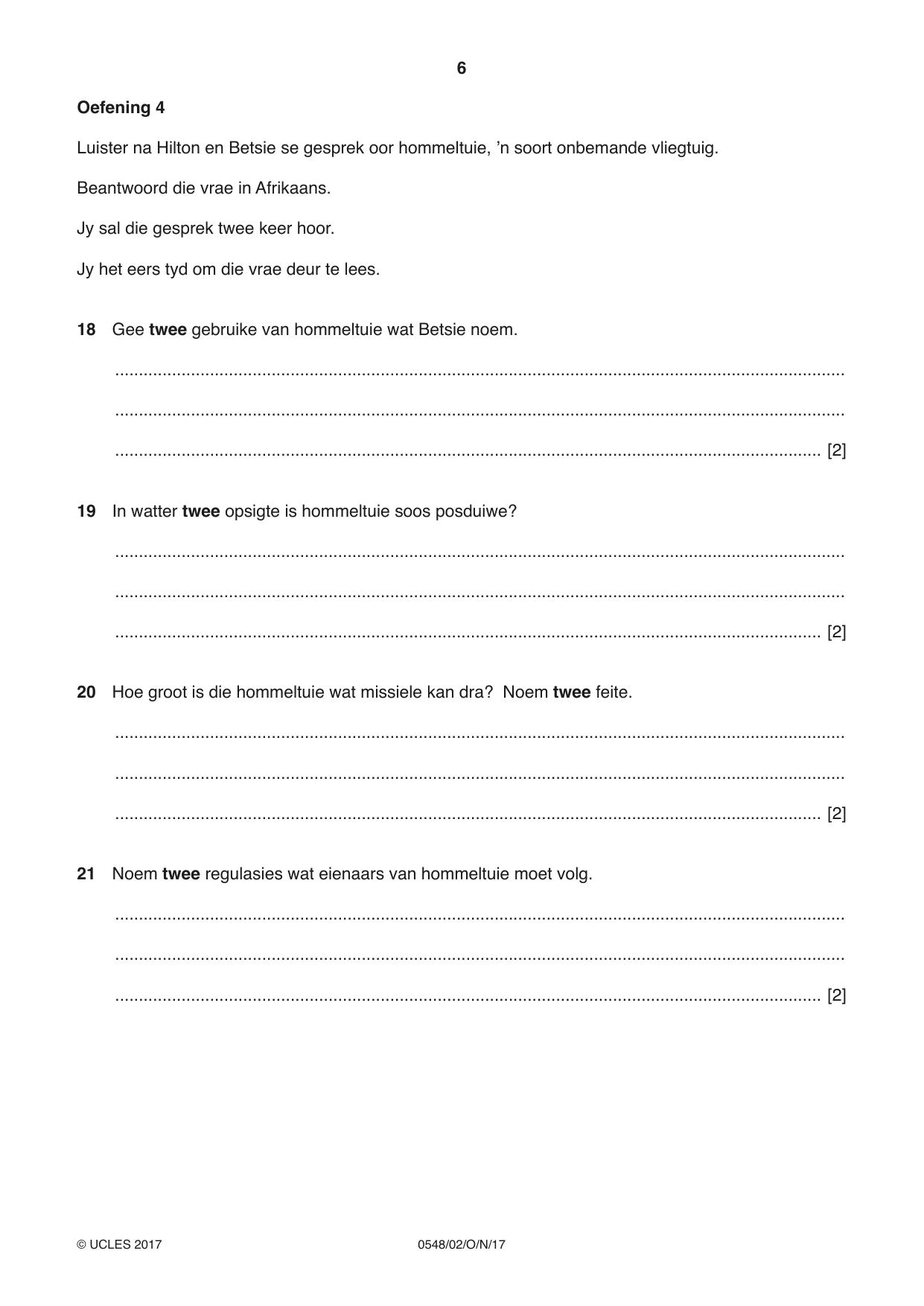 Cambridge IGCSE Afrikaans - Second Language 0548 2017 Oct/Nov Paper 2 · Variant 1 question paper, page 6 of 8