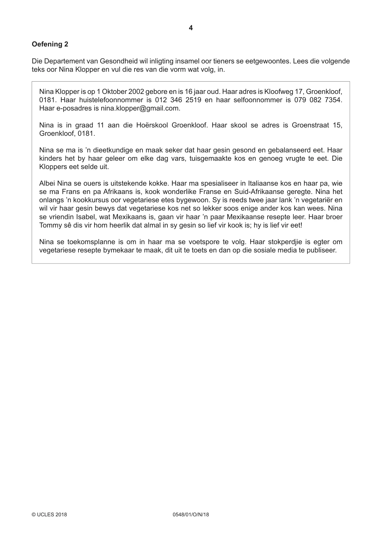 Cambridge IGCSE Afrikaans - Second Language 0548 2018 Oct/Nov Paper 1 · Variant 0 question paper, page 4 of 20