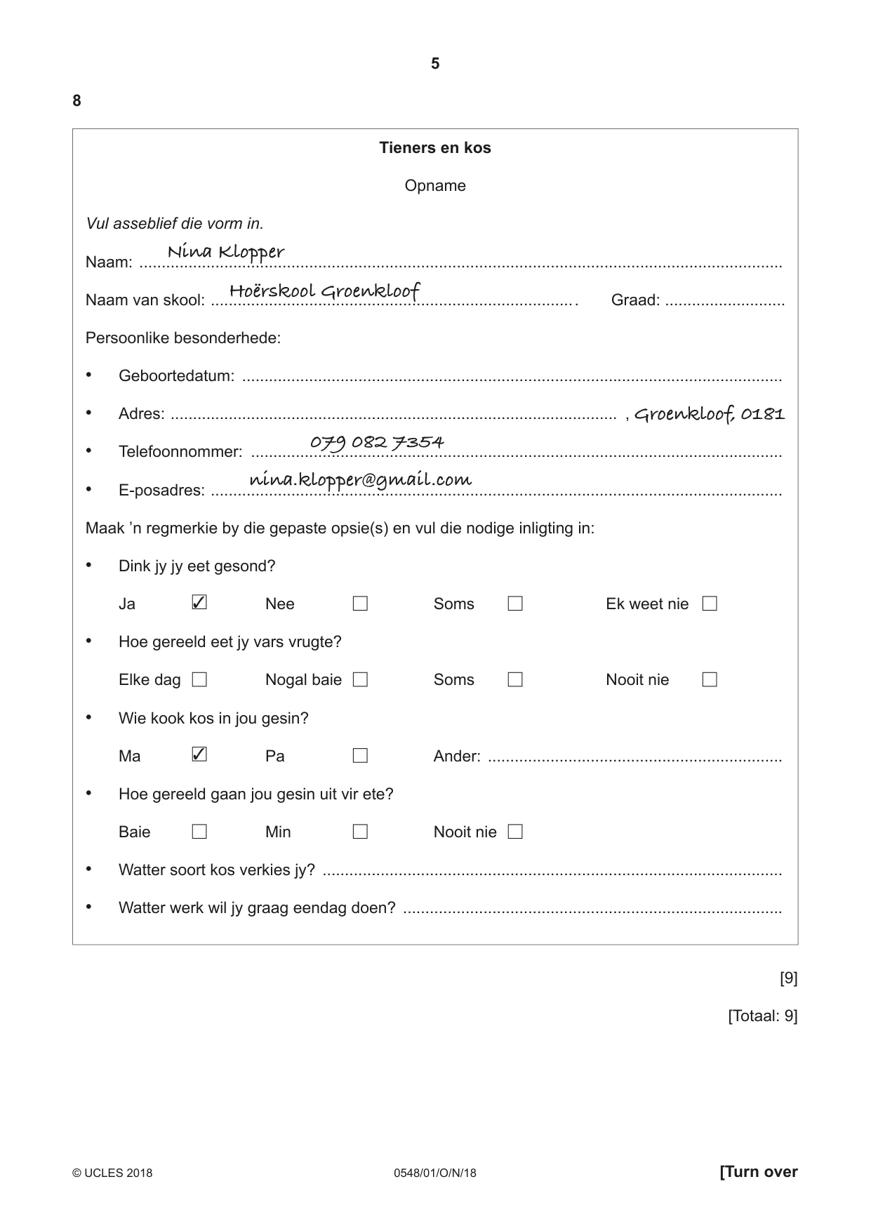 Cambridge IGCSE Afrikaans - Second Language 0548 2018 Oct/Nov Paper 1 · Variant 0 question paper, page 5 of 20