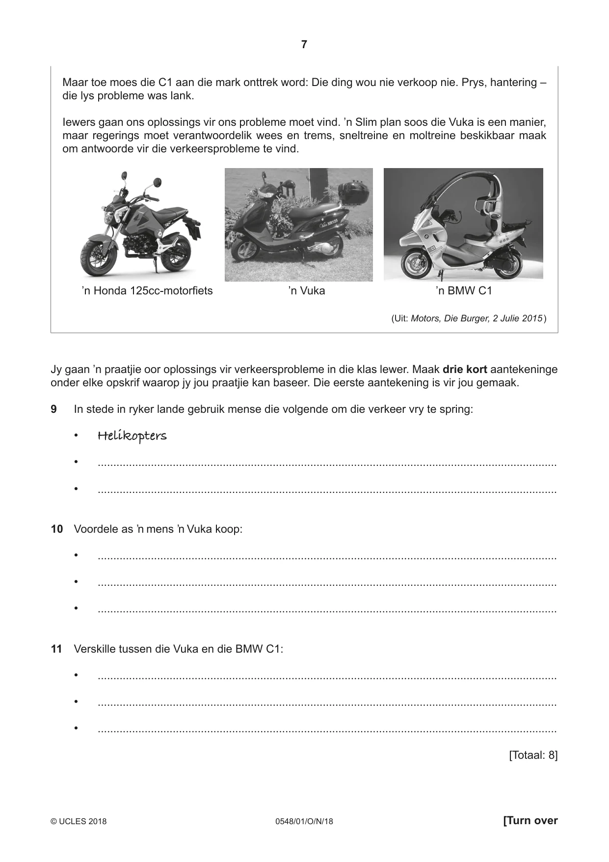 Cambridge IGCSE Afrikaans - Second Language 0548 2018 Oct/Nov Paper 1 · Variant 0 question paper, page 7 of 20